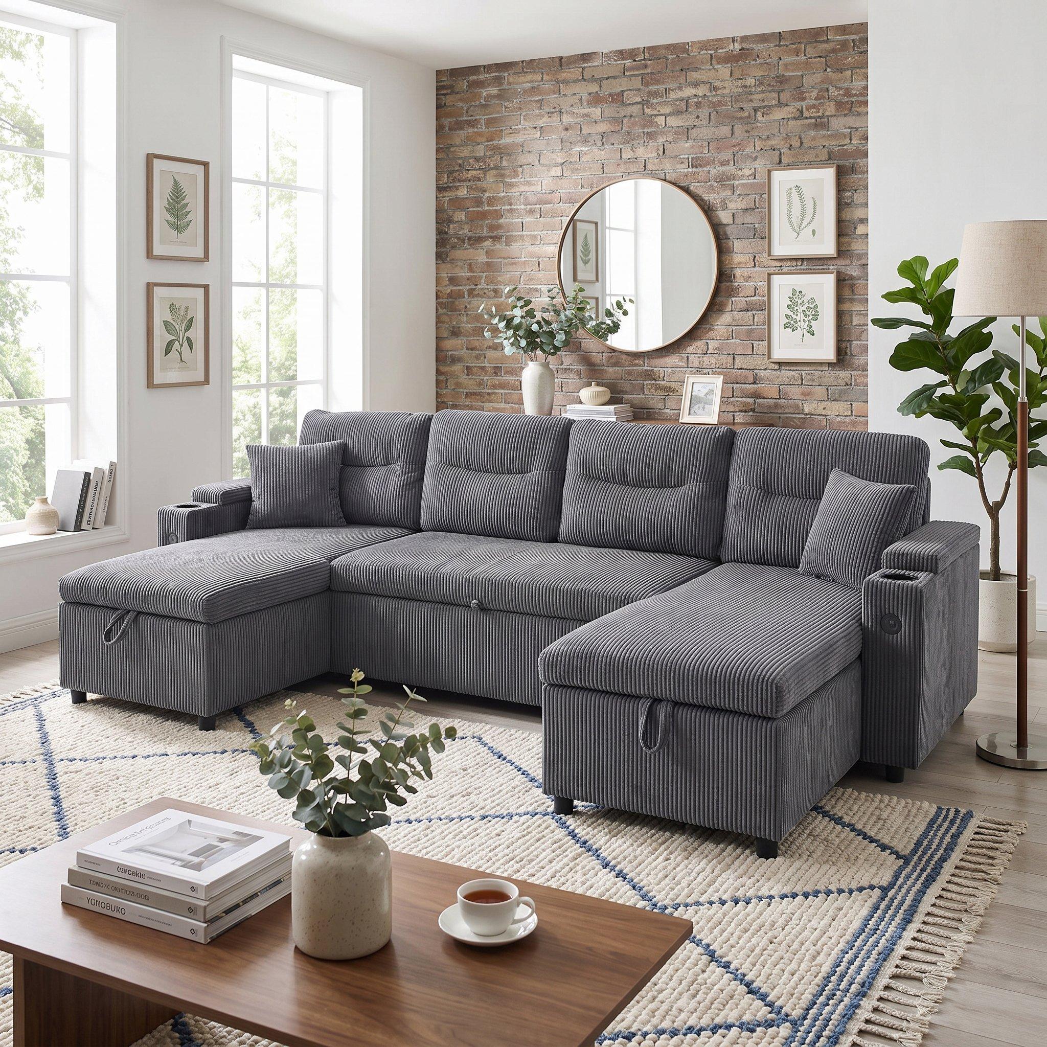 Charcoal Grey - Urban Meuble - 4-Seater U-Shaped Sleeper Sofa with Storage - 1