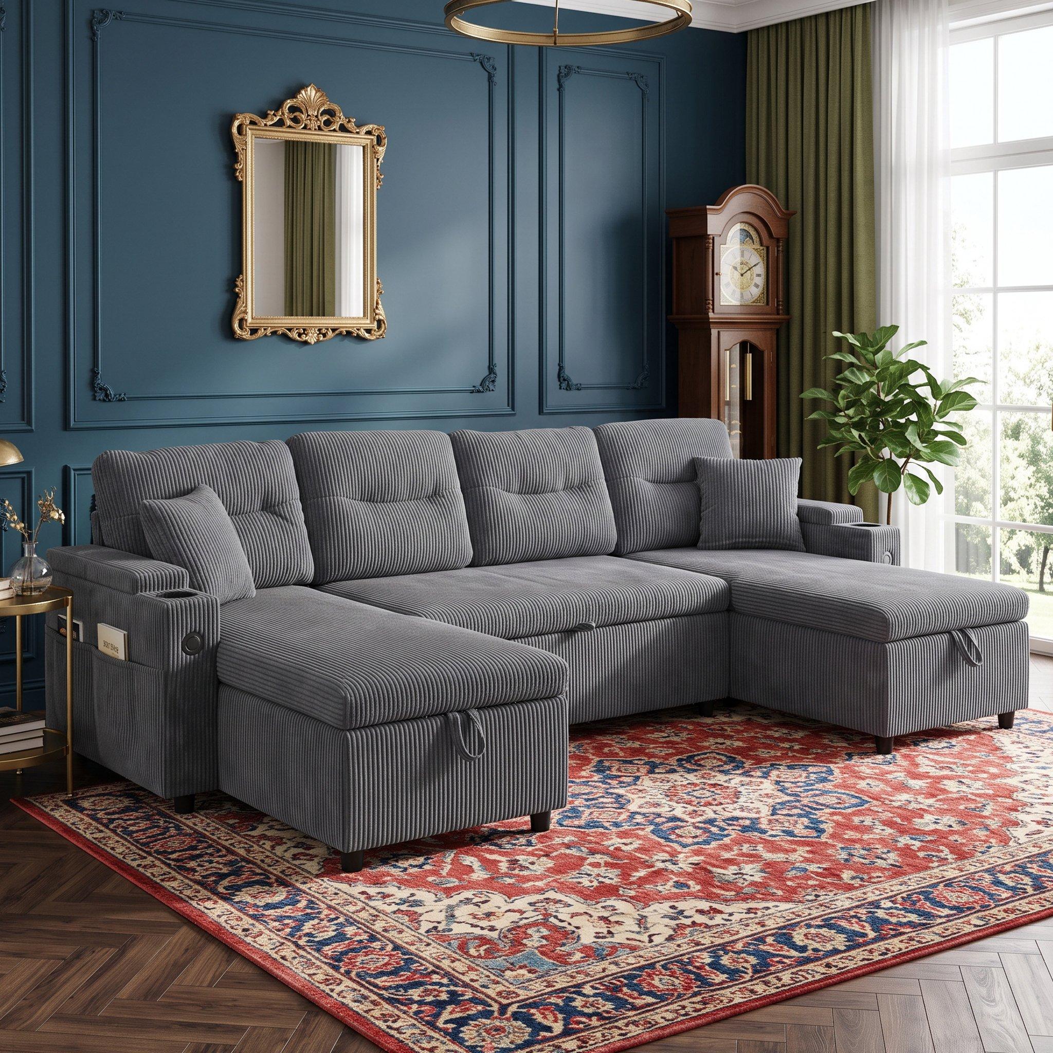 Charcoal Grey - Urban Meuble - 4-Seater U-Shaped Sleeper Sofa with Storage - 2