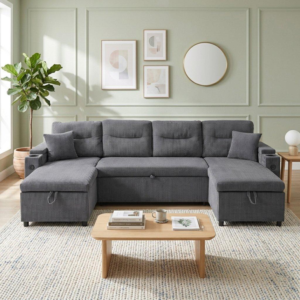 Charcoal Grey - Urban Meuble - 4-Seater U-Shaped Sleeper Sofa with Storage - 3