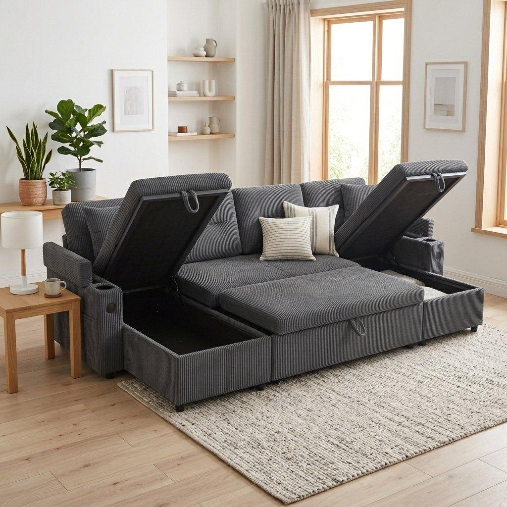Charcoal Grey - Urban Meuble - 4-Seater U-Shaped Sleeper Sofa with Storage - 4