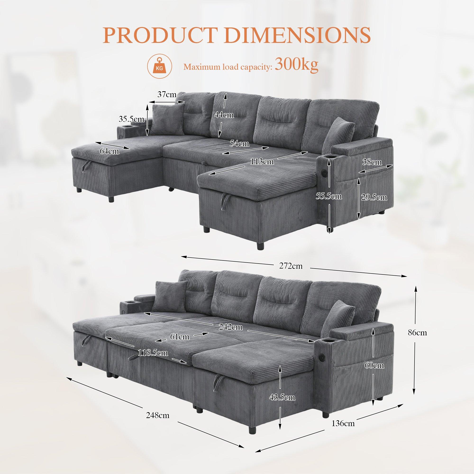 Charcoal Grey - Urban Meuble - 4-Seater U-Shaped Sleeper Sofa with Storage - 6