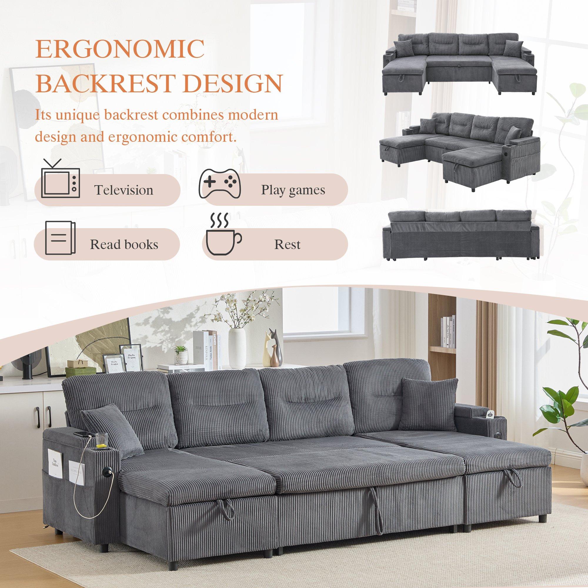 Charcoal Grey - Urban Meuble - 4-Seater U-Shaped Sleeper Sofa with Storage - 9
