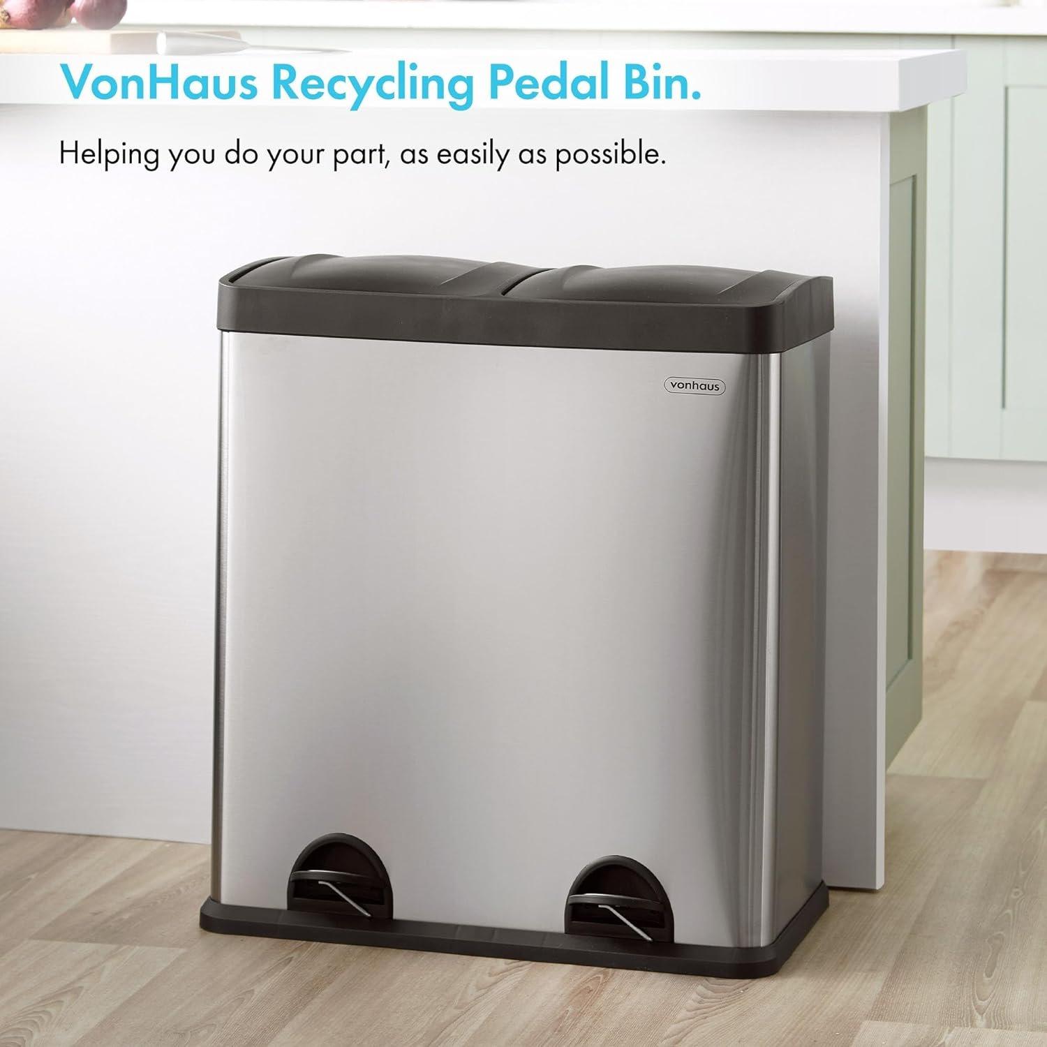 Silver - VonHaus - VonHaus 60L Large 2 Compartment Recycling Bin - 2