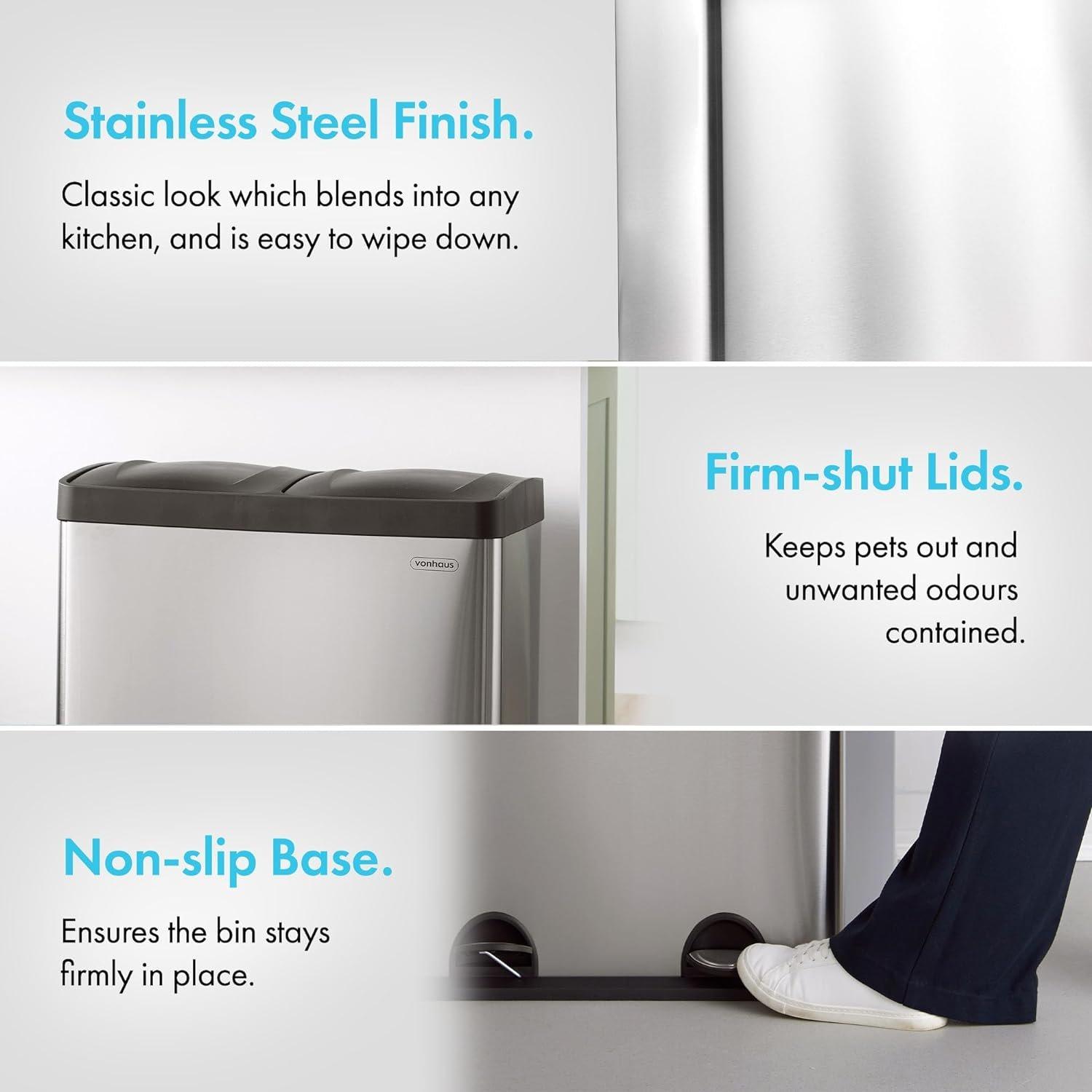 Silver - VonHaus - VonHaus 60L Large 2 Compartment Recycling Bin - 5