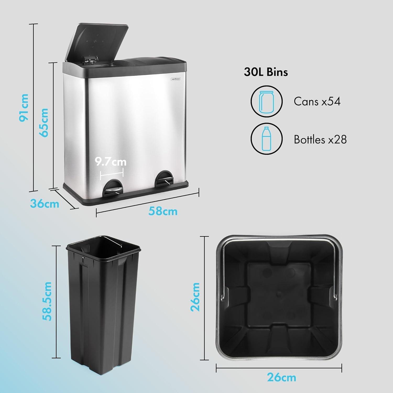 Silver - VonHaus - VonHaus 60L Large 2 Compartment Recycling Bin - 7