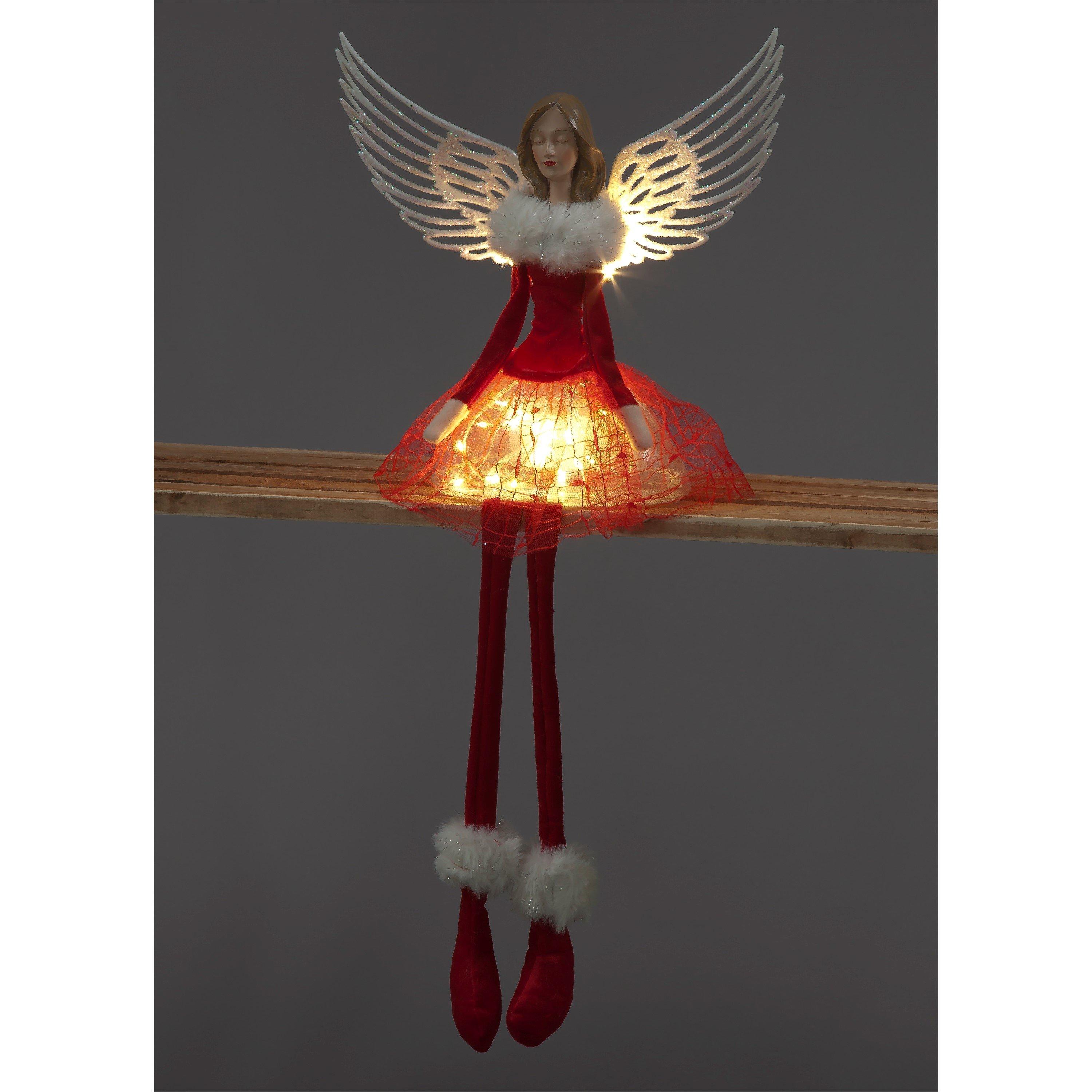 Red - Snowtime - 55cm Lit Sitting Angel decoration in Red Dress