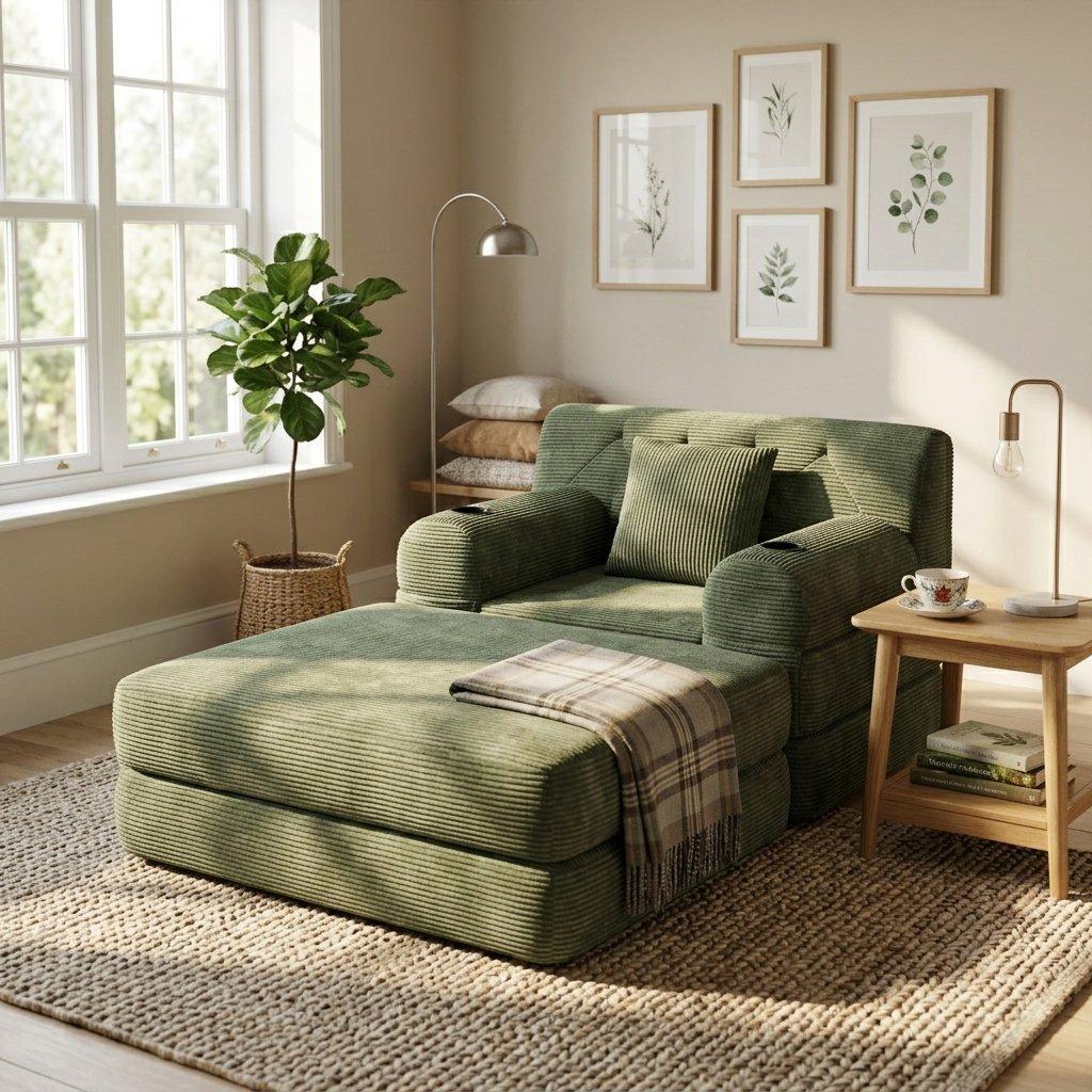 Green - Urban Meuble - Corduroy Convertible Sleeper Chair with Ottoman - 1