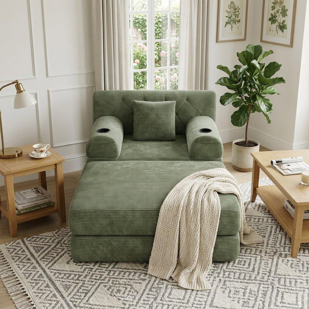 Green - Urban Meuble - Corduroy Convertible Sleeper Chair with Ottoman - 2