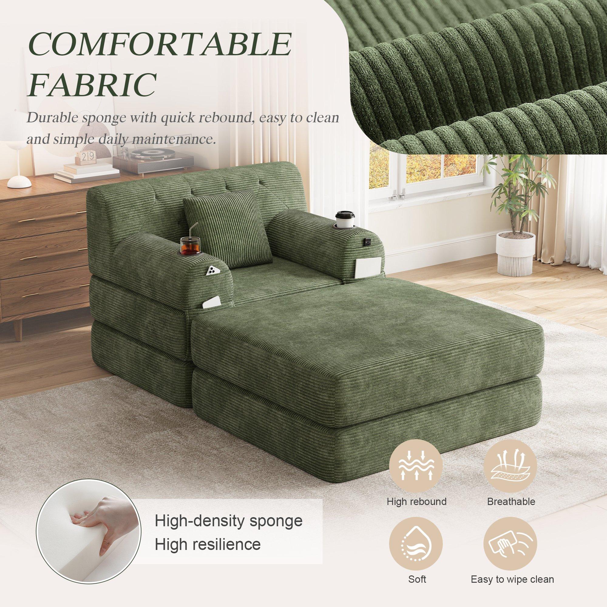 Green - Urban Meuble - Corduroy Convertible Sleeper Chair with Ottoman - 11