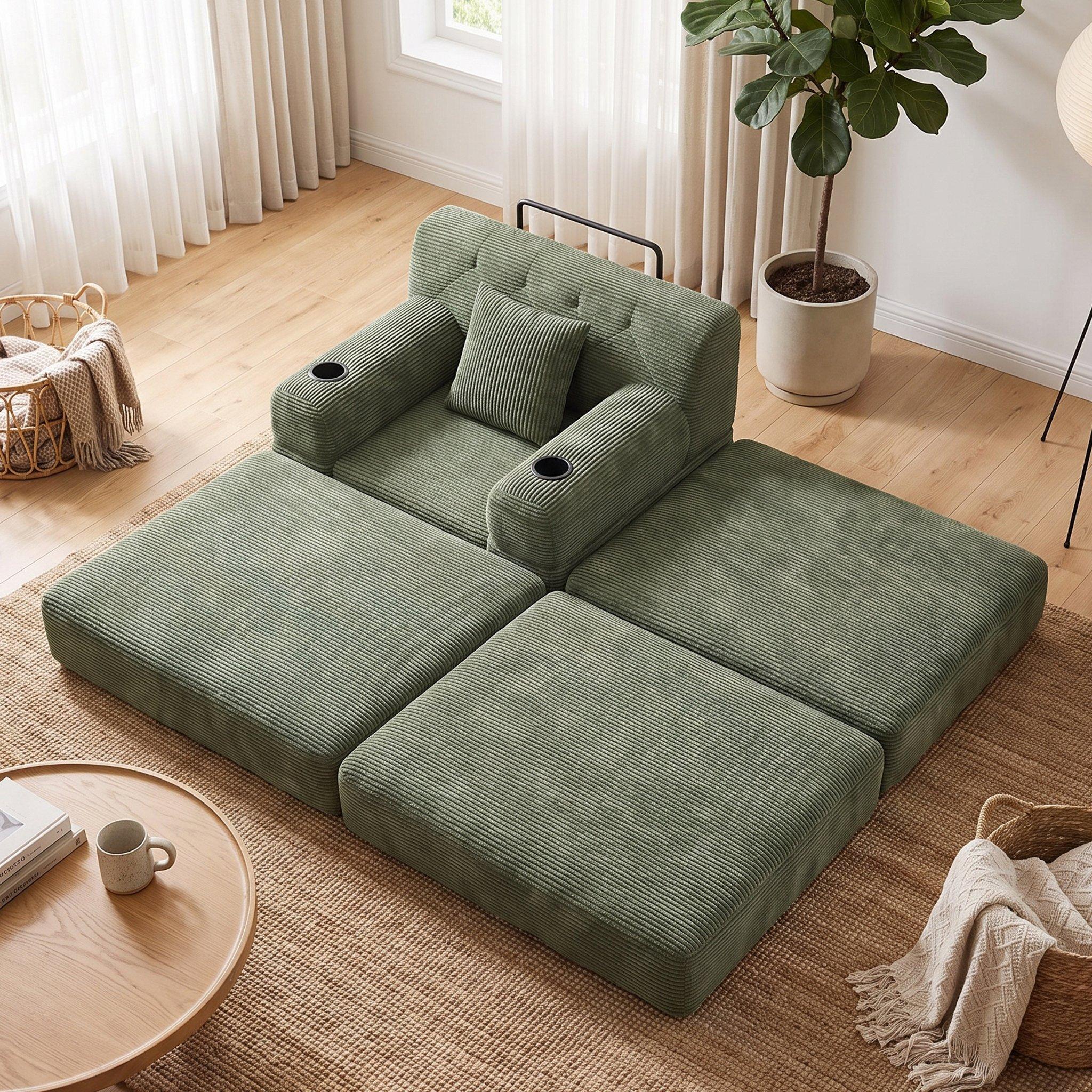 Green - Urban Meuble - Corduroy Convertible Sleeper Chair with Ottoman - 3
