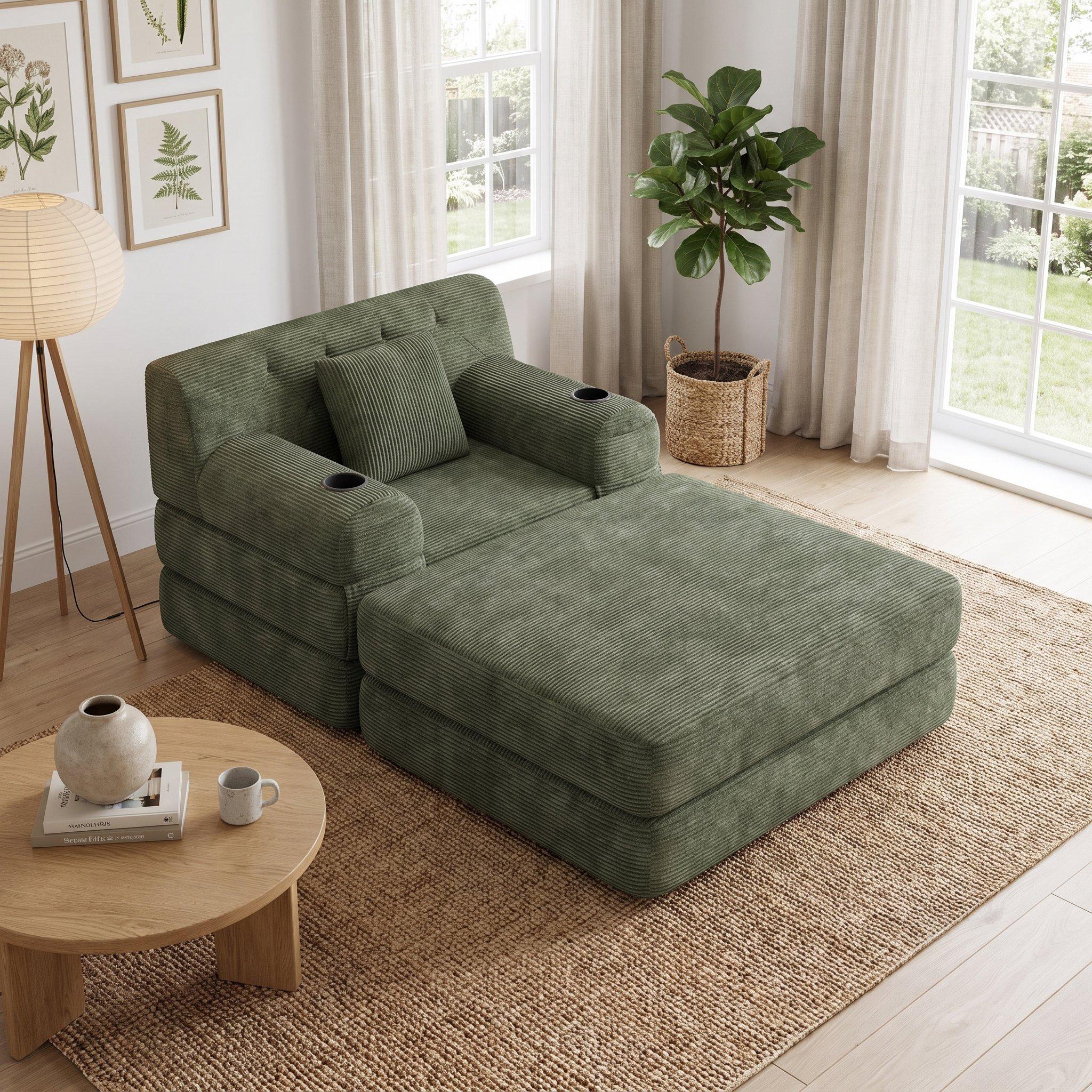 Green - Urban Meuble - Corduroy Convertible Sleeper Chair with Ottoman - 4