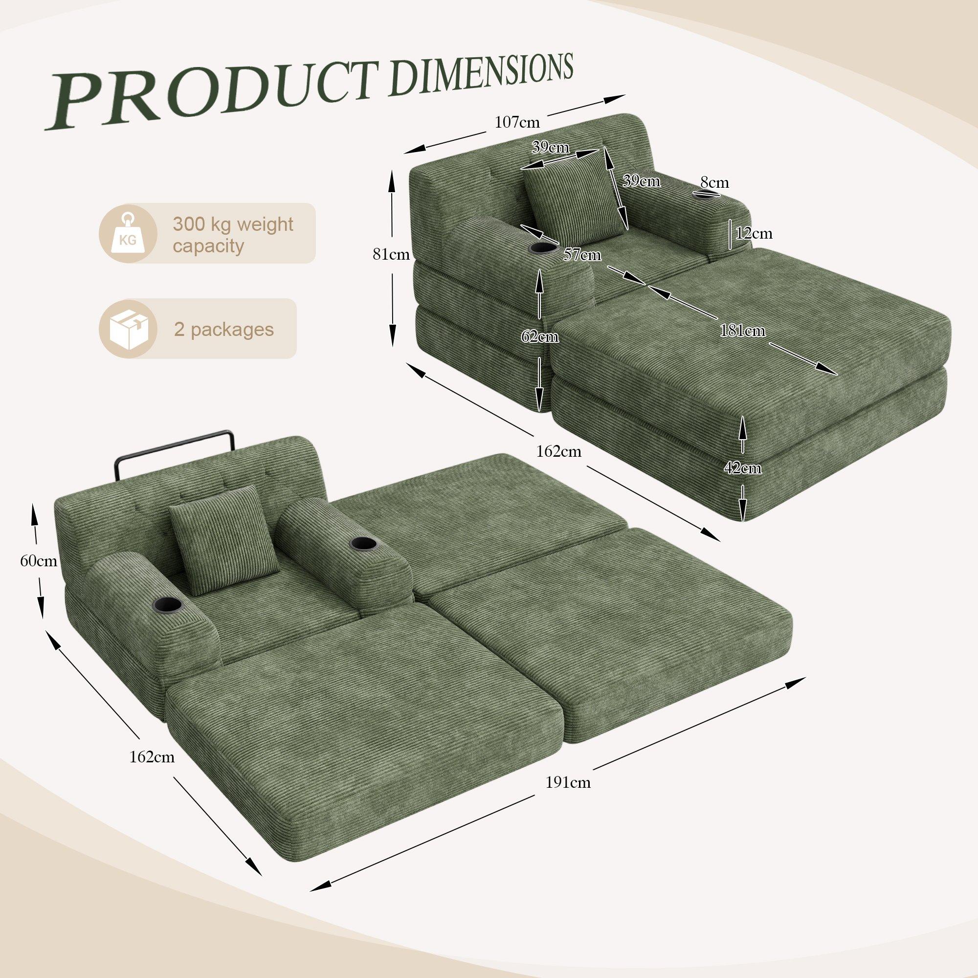 Green - Urban Meuble - Corduroy Convertible Sleeper Chair with Ottoman - 6