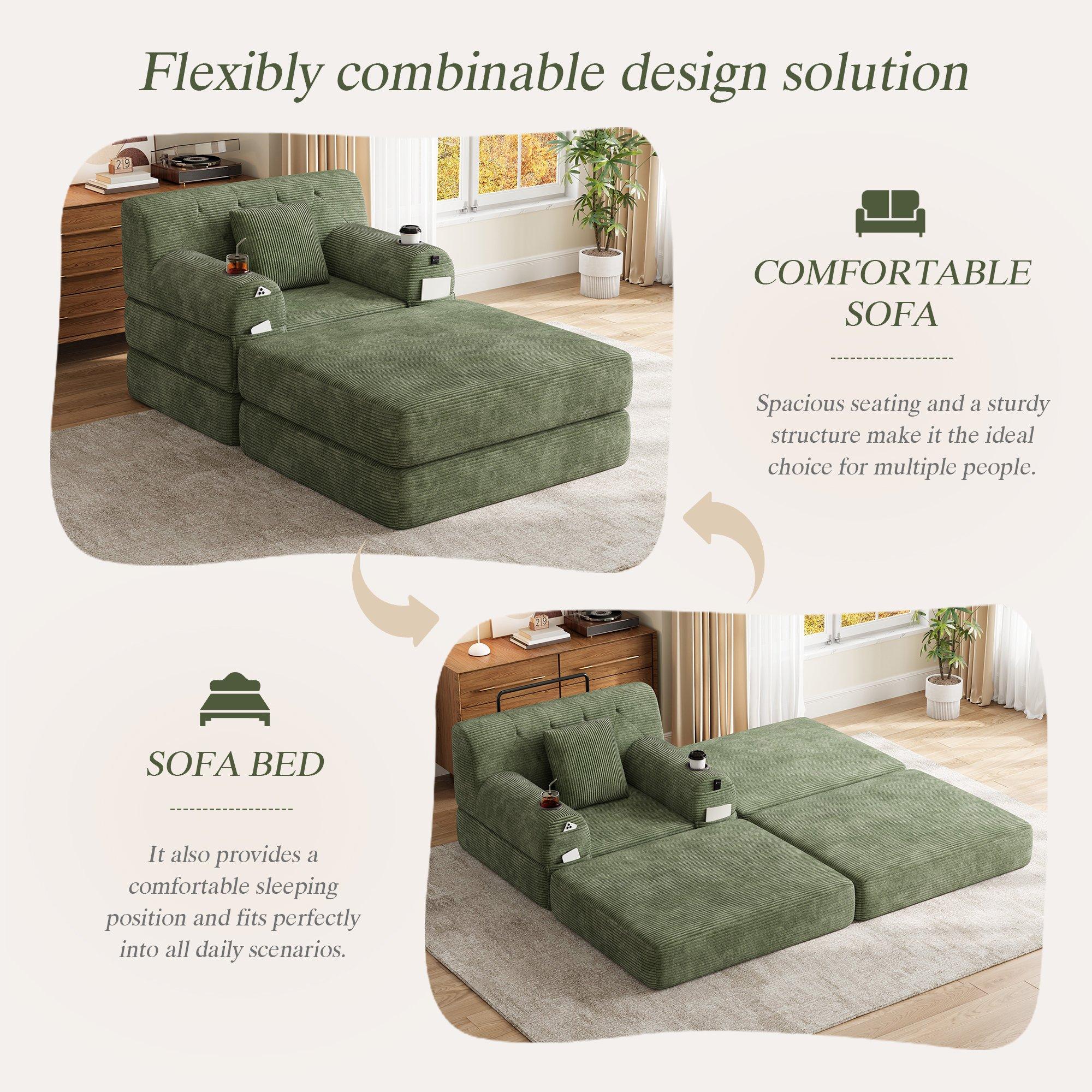 Green - Urban Meuble - Corduroy Convertible Sleeper Chair with Ottoman - 7