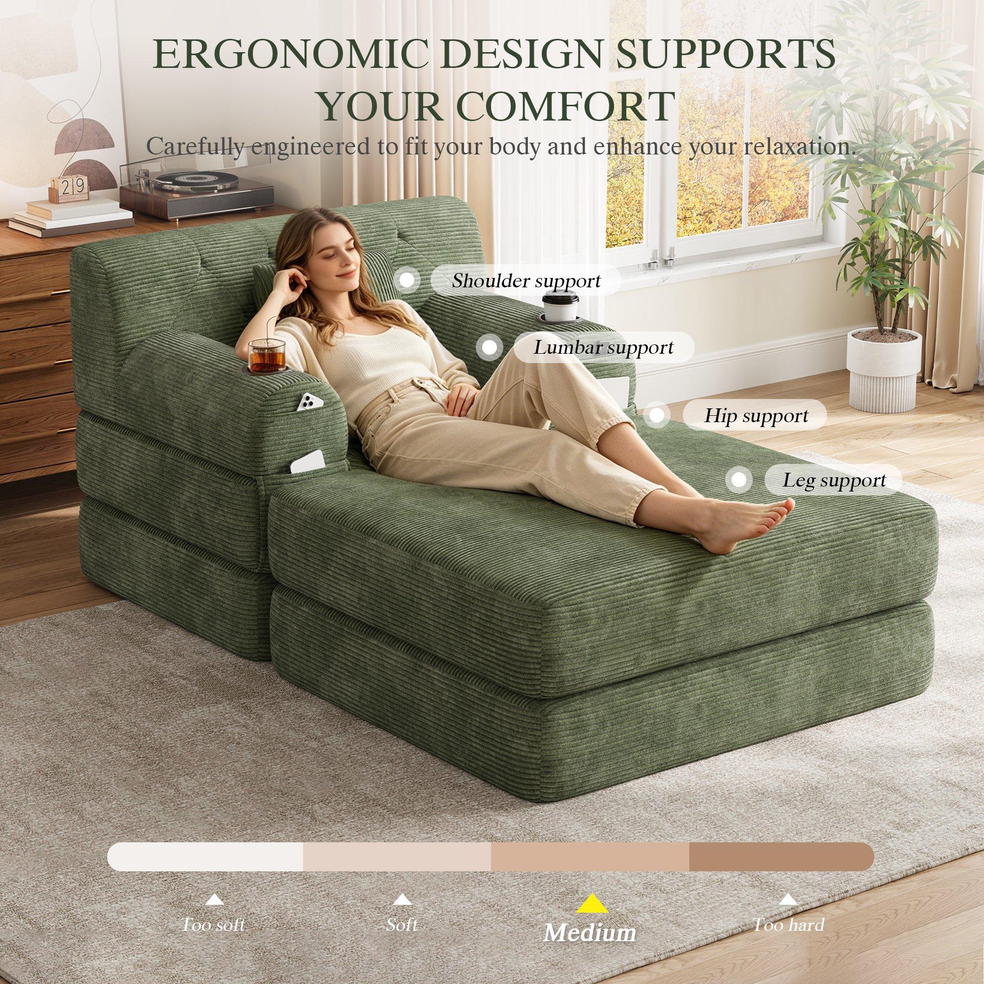 Green - Urban Meuble - Corduroy Convertible Sleeper Chair with Ottoman - 8
