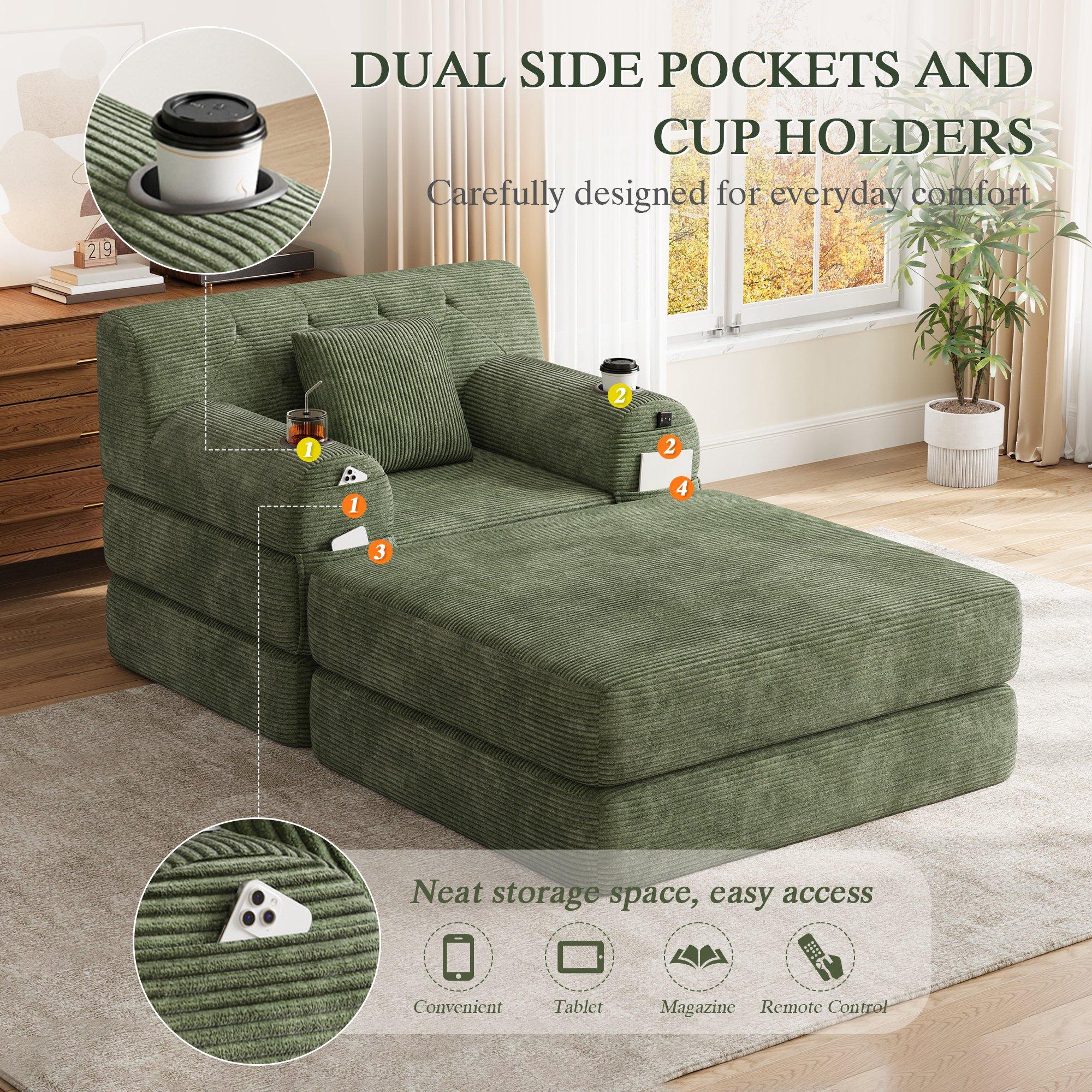 Green - Urban Meuble - Corduroy Convertible Sleeper Chair with Ottoman - 9