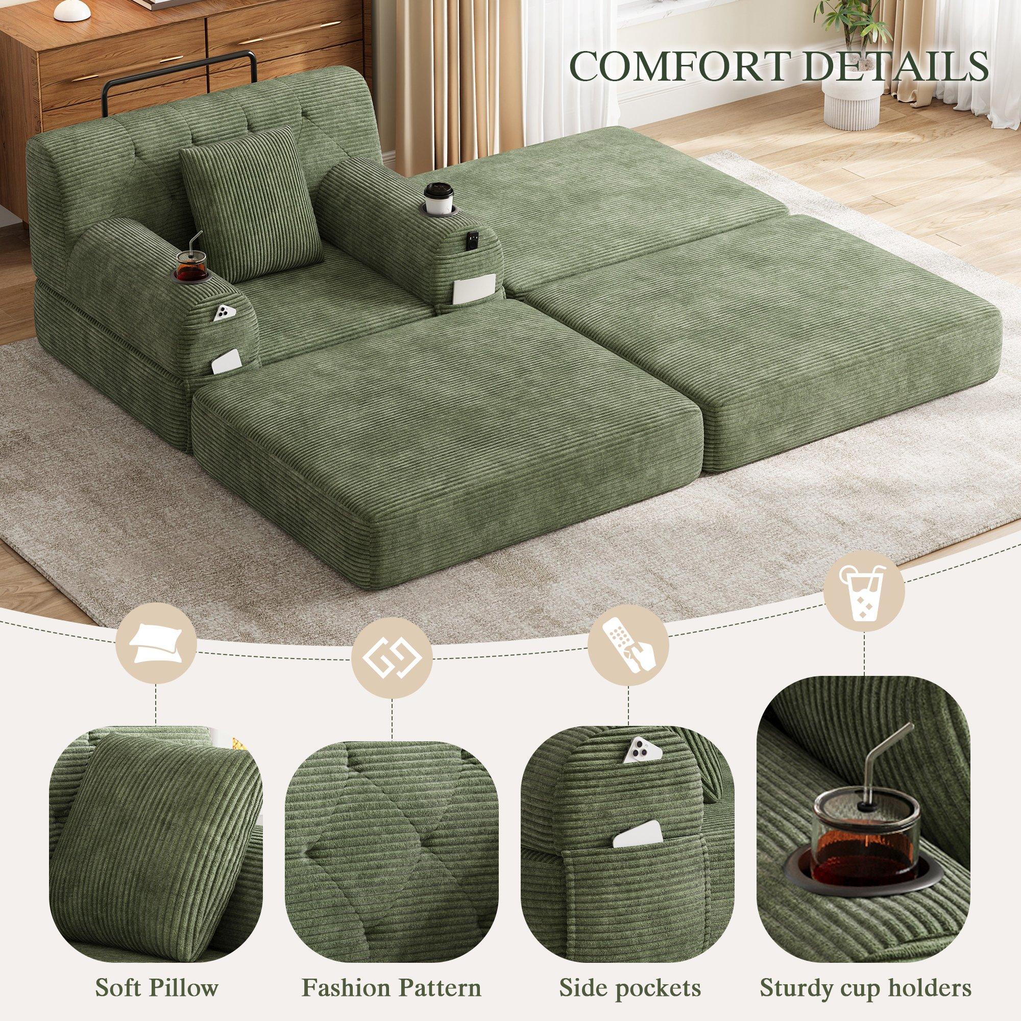 Green - Urban Meuble - Corduroy Convertible Sleeper Chair with Ottoman - 10