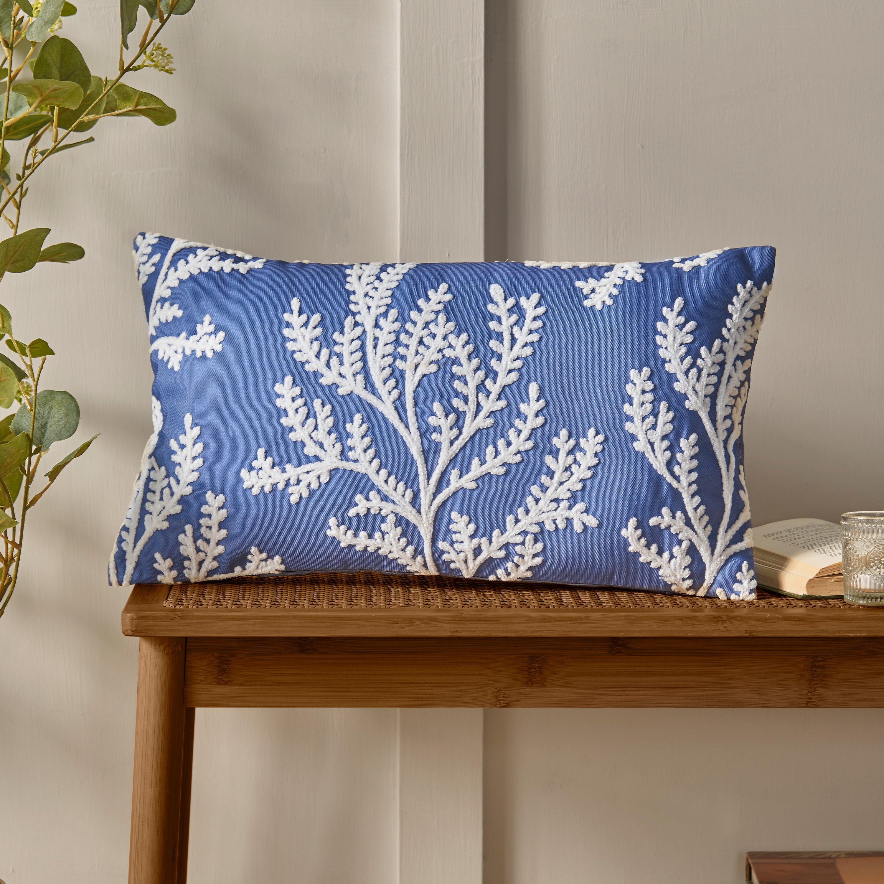 Blue - Catherine Lansfield - Coral Leaf Embroidered Cushion - 1