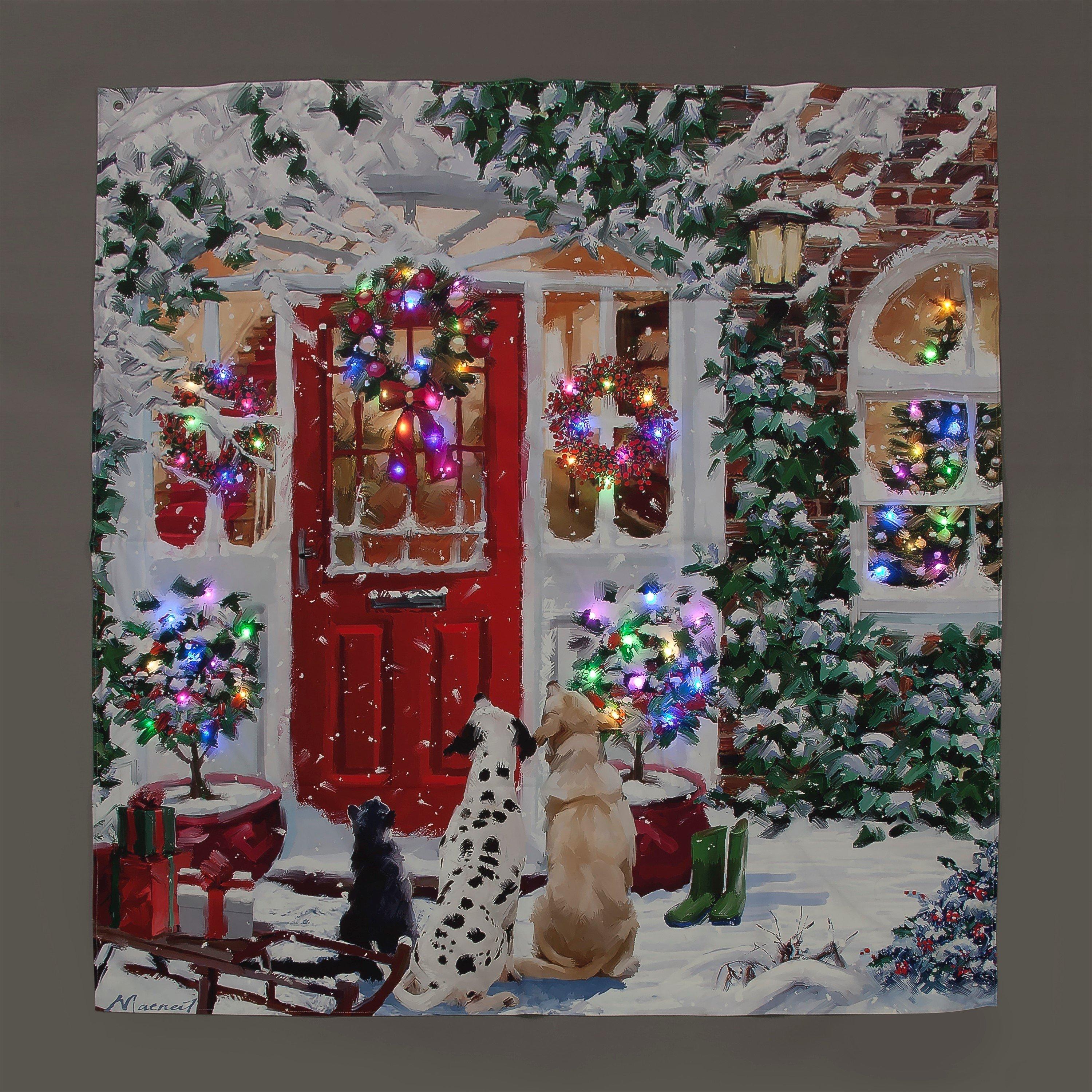 Multi - Snowtime - 145cm LED Lit Red Door Wall Tapestry
