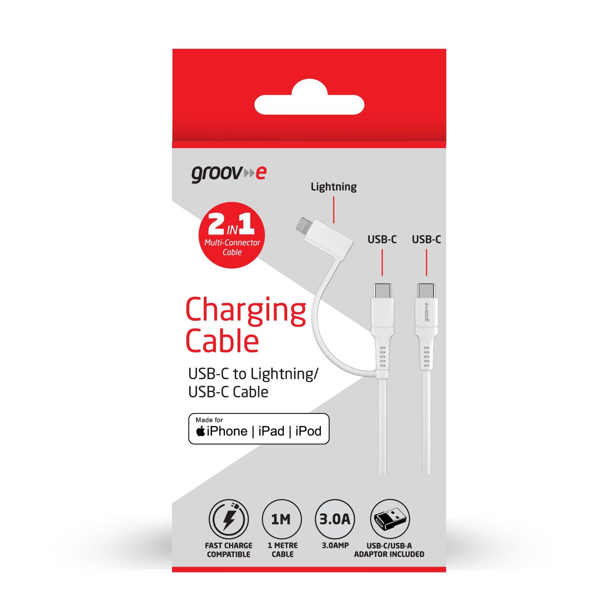 White - Groov-e - 2in1 Multi-Connector Cable USB-C to Lightning/USBC - 2