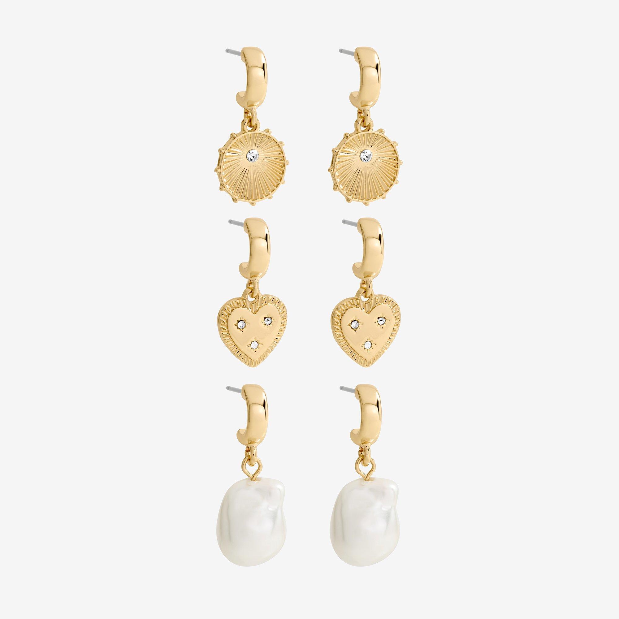 Mood Gold Plated Charm Pearl Earrings - Pack of 3