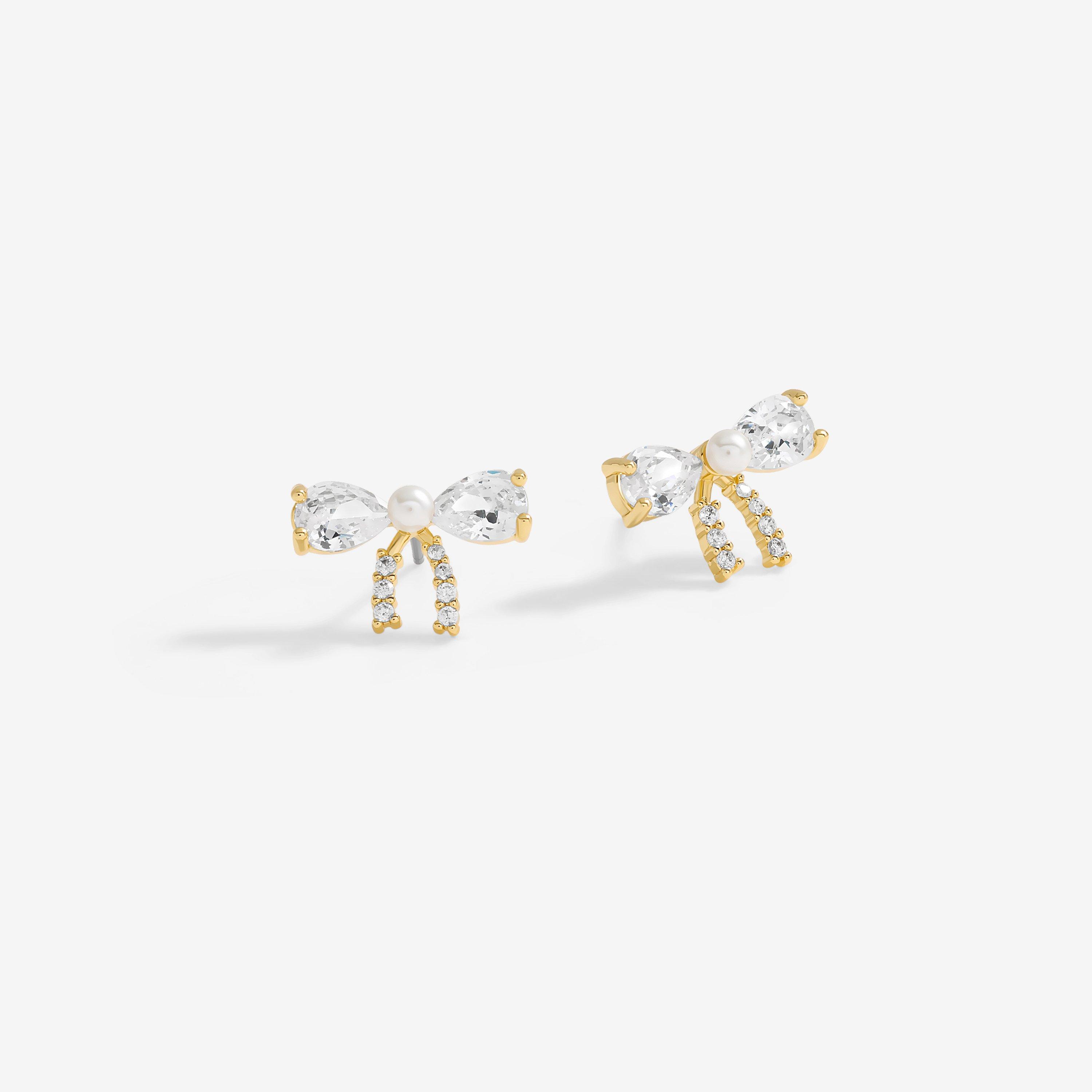 Gold - Jon Richard - Gold Plated Cubic Zirconia And Pearl Bow Earrings