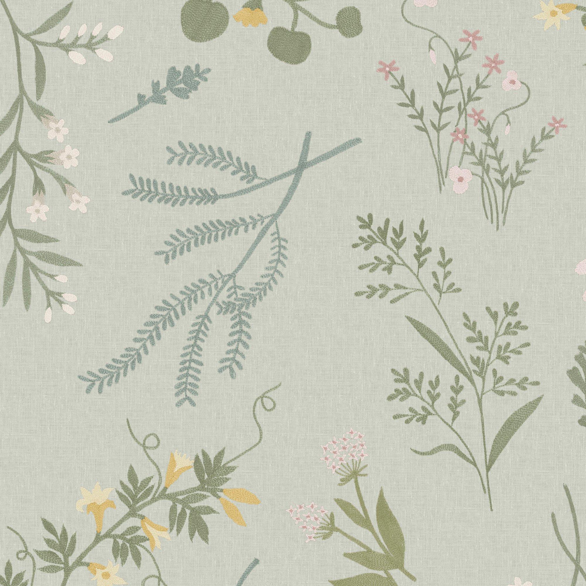 Multi - Next - Sage Stitch Floral Wallpaper - 1