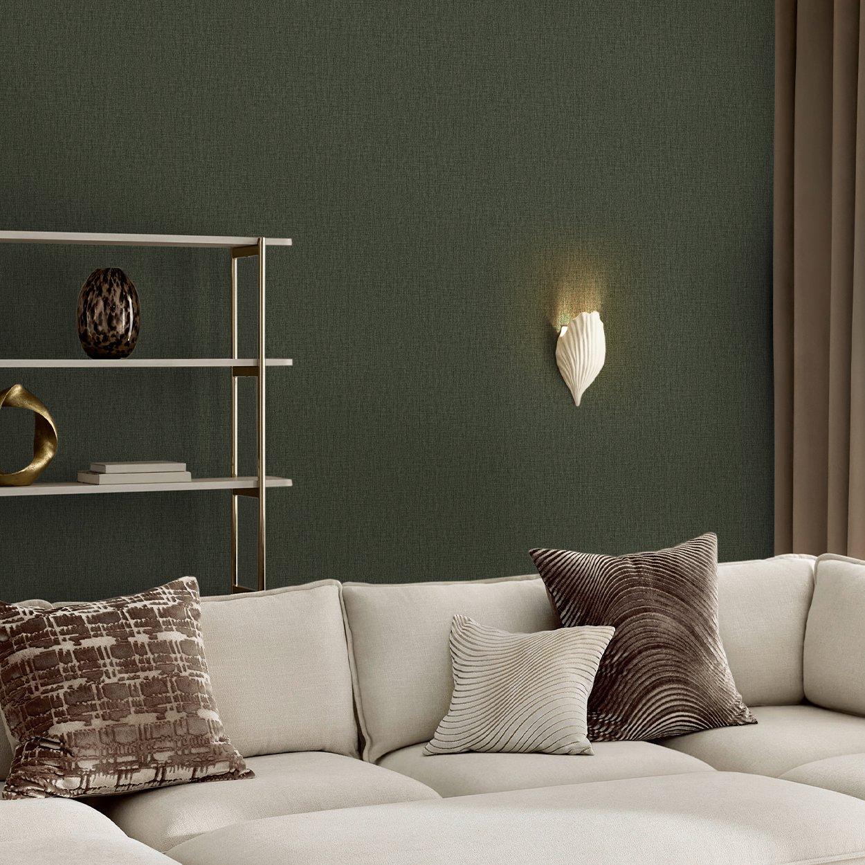 Dark Green - Next - Deep Green Linen Look Wallpaper - 2
