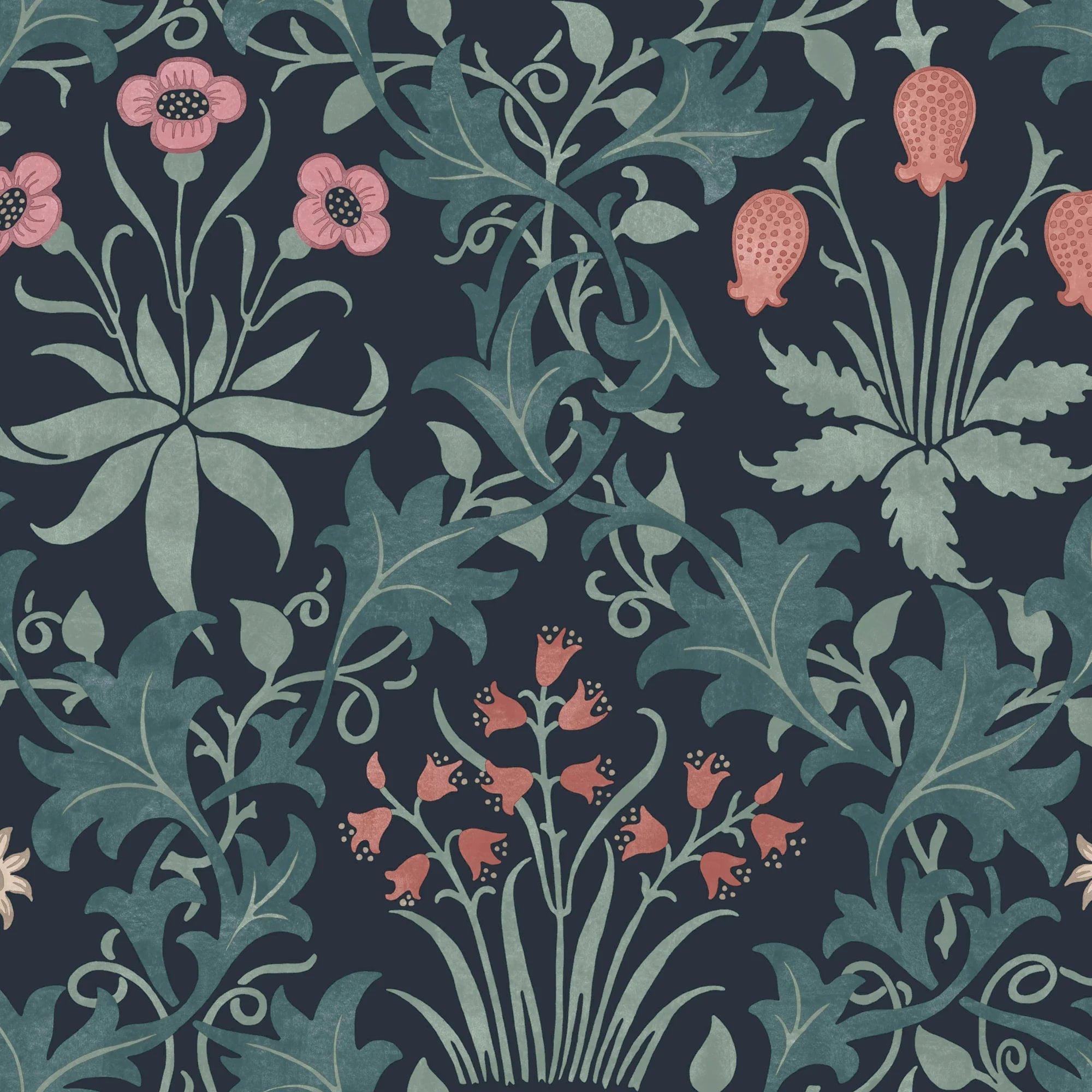 Blue - William Morris - Celandine Midnight Wallpaper - 1