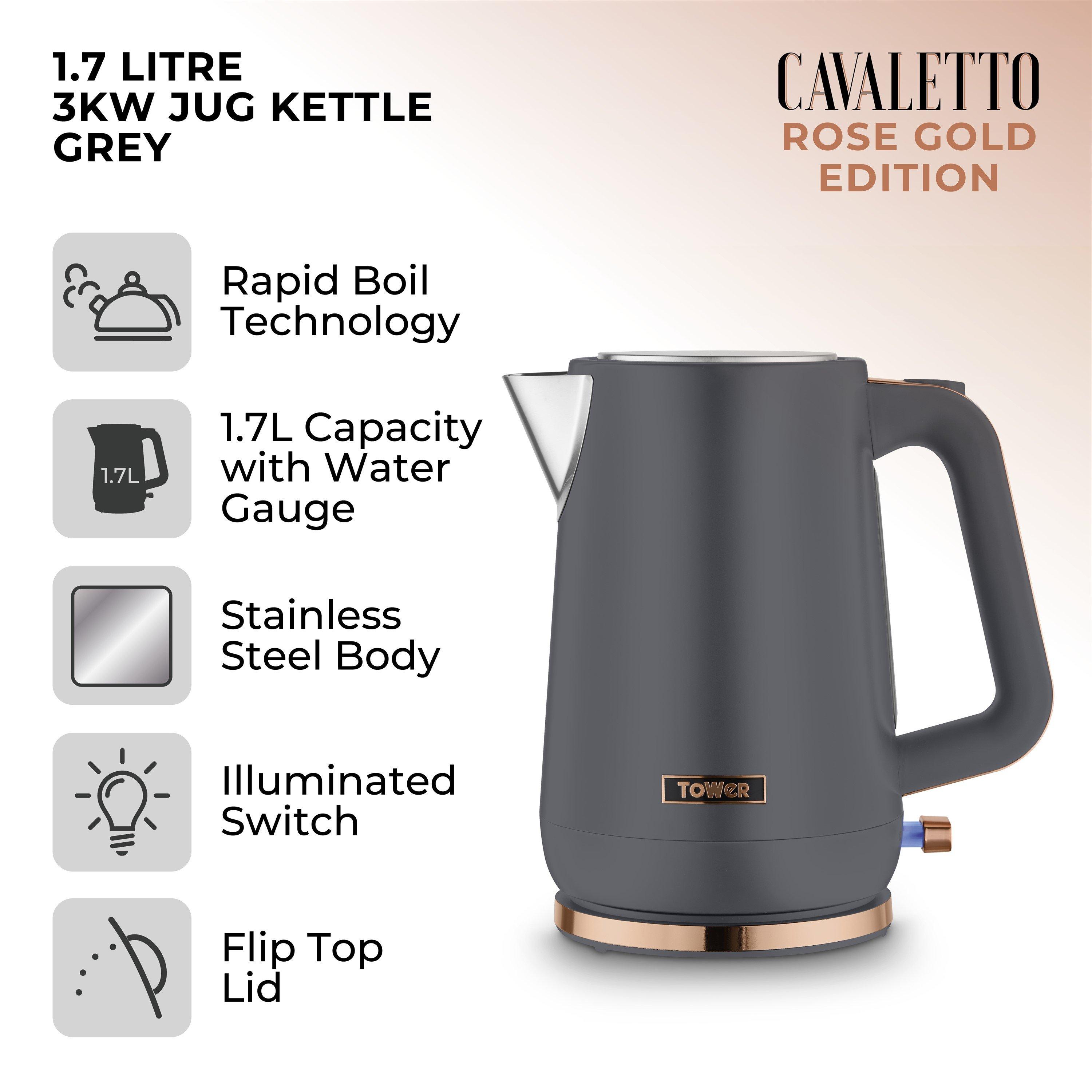 Grey - Tower - Cavaletto 1.7L Jug Kettle 3KW Grey and Rose Gold - 2