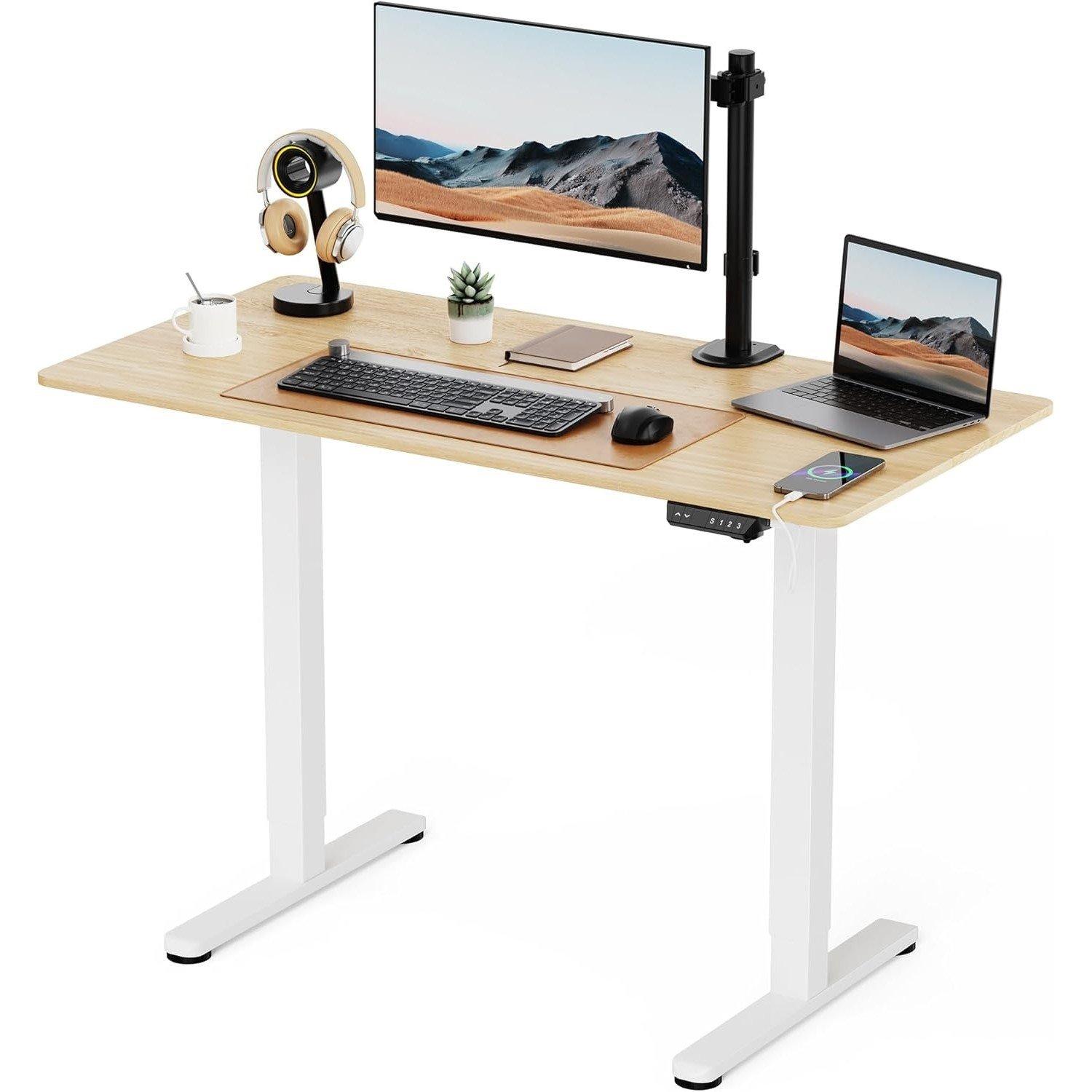 White - VonHaus - White Standing Desk with Maple Desktop 120x60cm - 1
