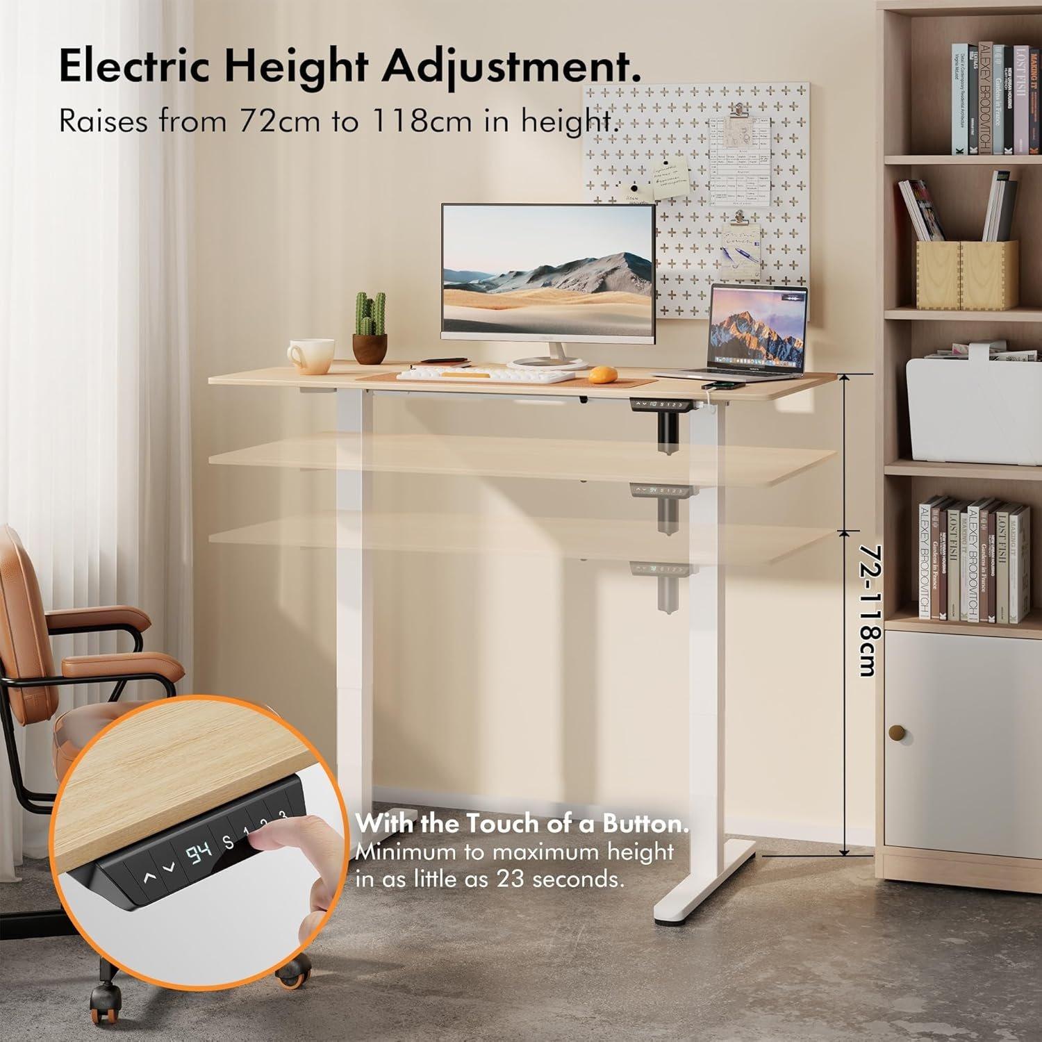 White - VonHaus - White Standing Desk with Maple Desktop 120x60cm - 2