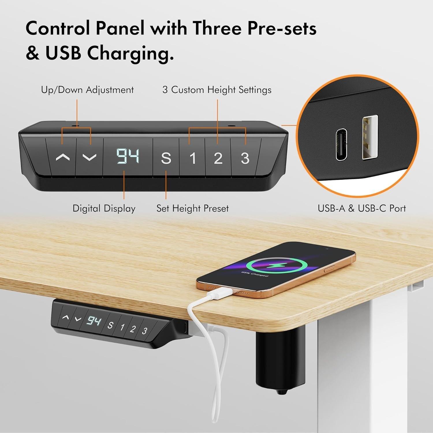White - VonHaus - White Standing Desk with Maple Desktop 120x60cm - 5