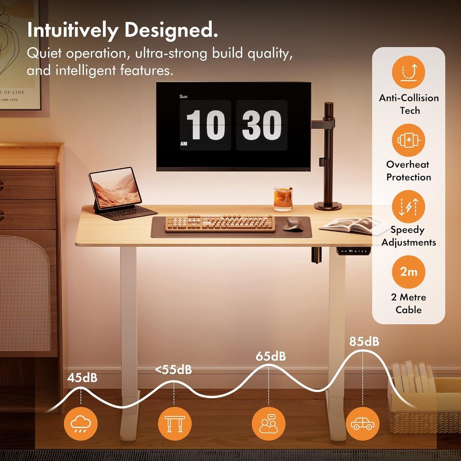 White - VonHaus - White Standing Desk with Maple Desktop 120x60cm - 6