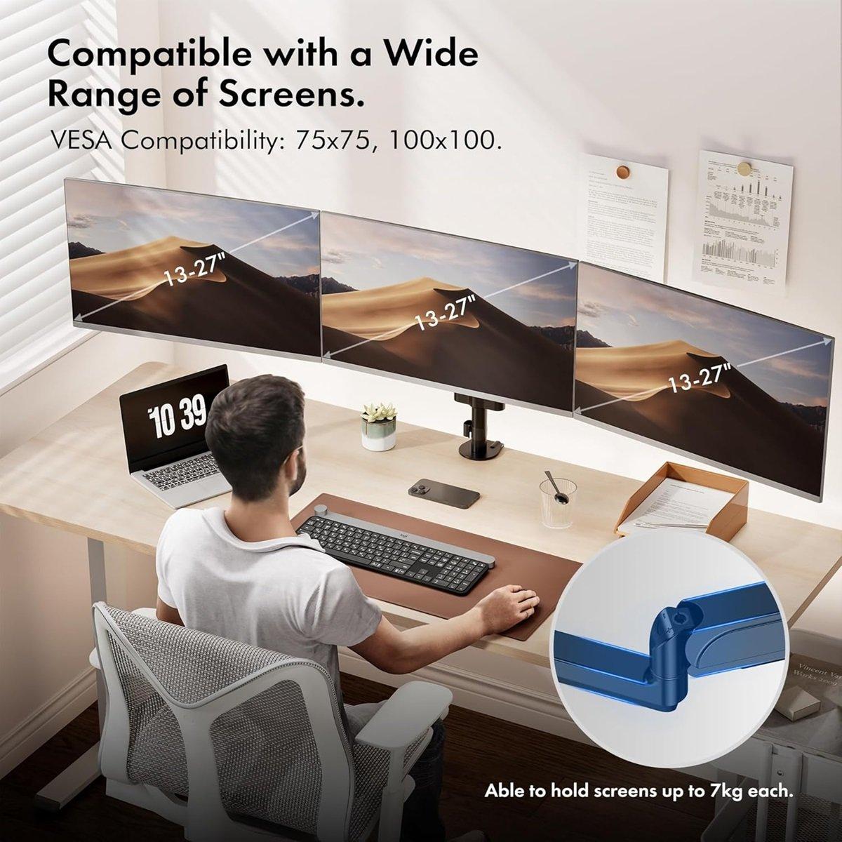 Black - VonHaus - 17-27 Gas Triple Monitor Arm - 2