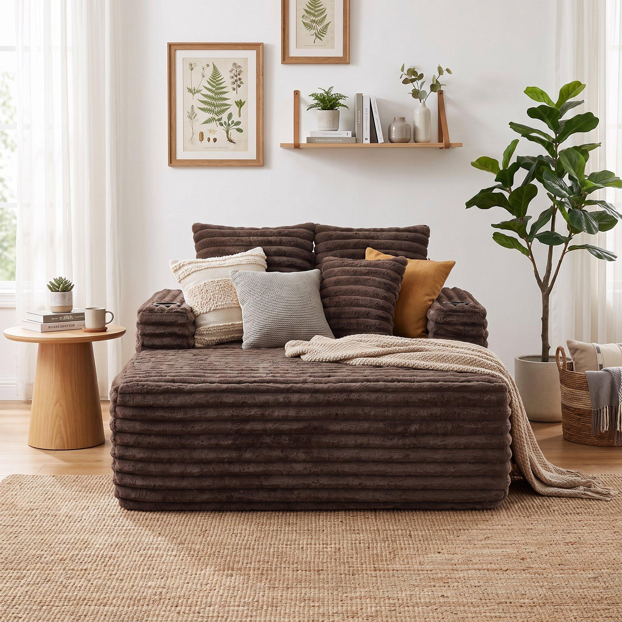 Brown - Urban Meuble - Faux Fur Convertible Sleeper Sofa Chaise Lounge - 2