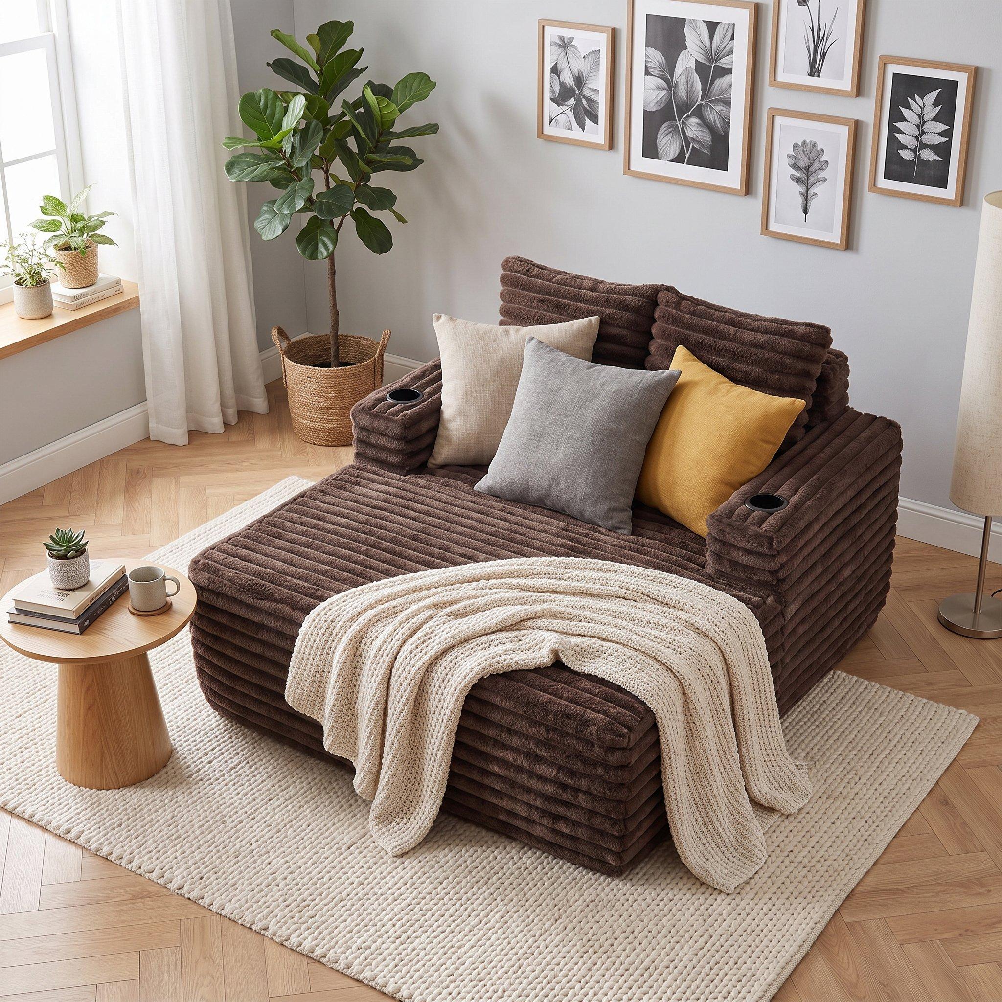 Brown - Urban Meuble - Faux Fur Convertible Sleeper Sofa Chaise Lounge - 4