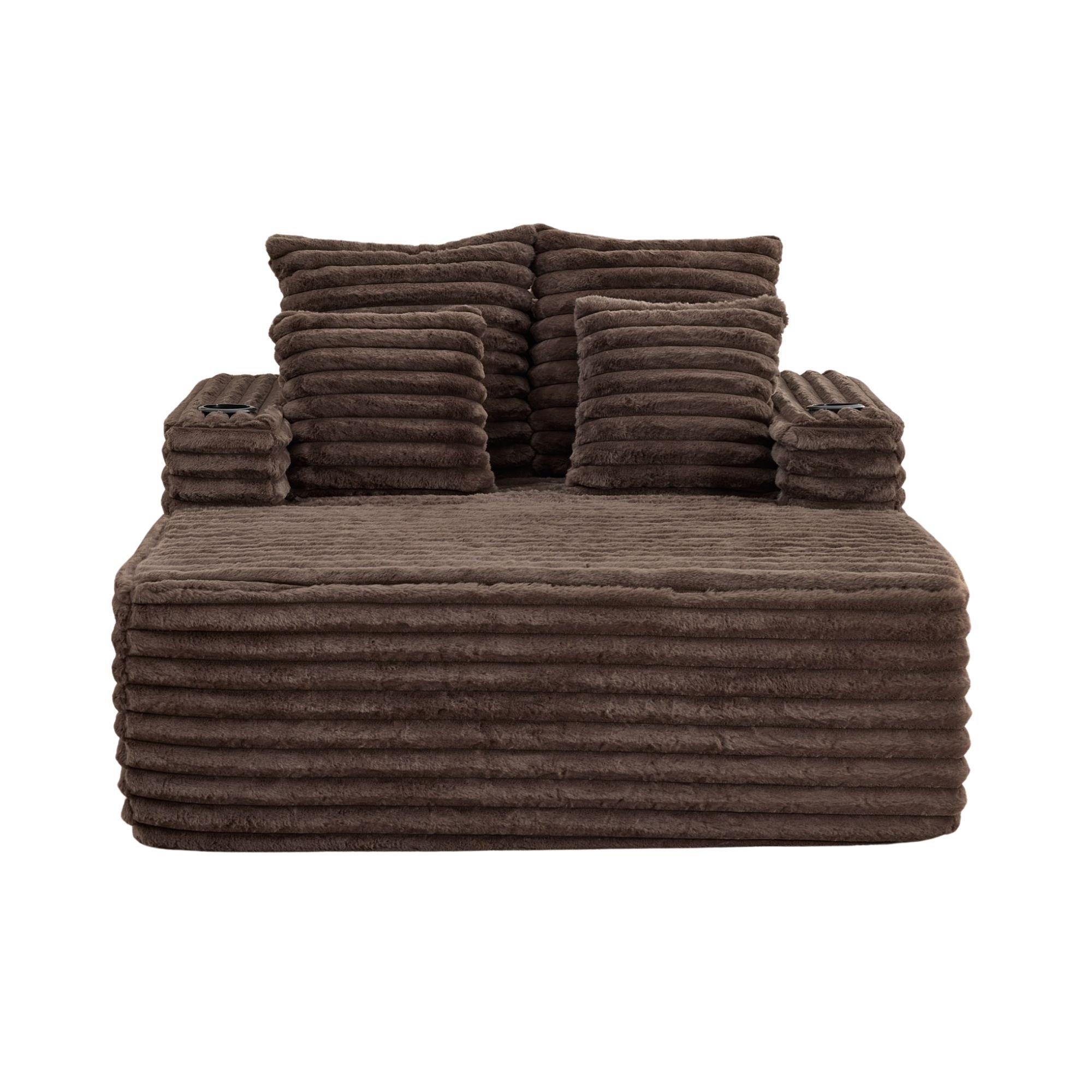 Brown - Urban Meuble - Faux Fur Convertible Sleeper Sofa Chaise Lounge - 7