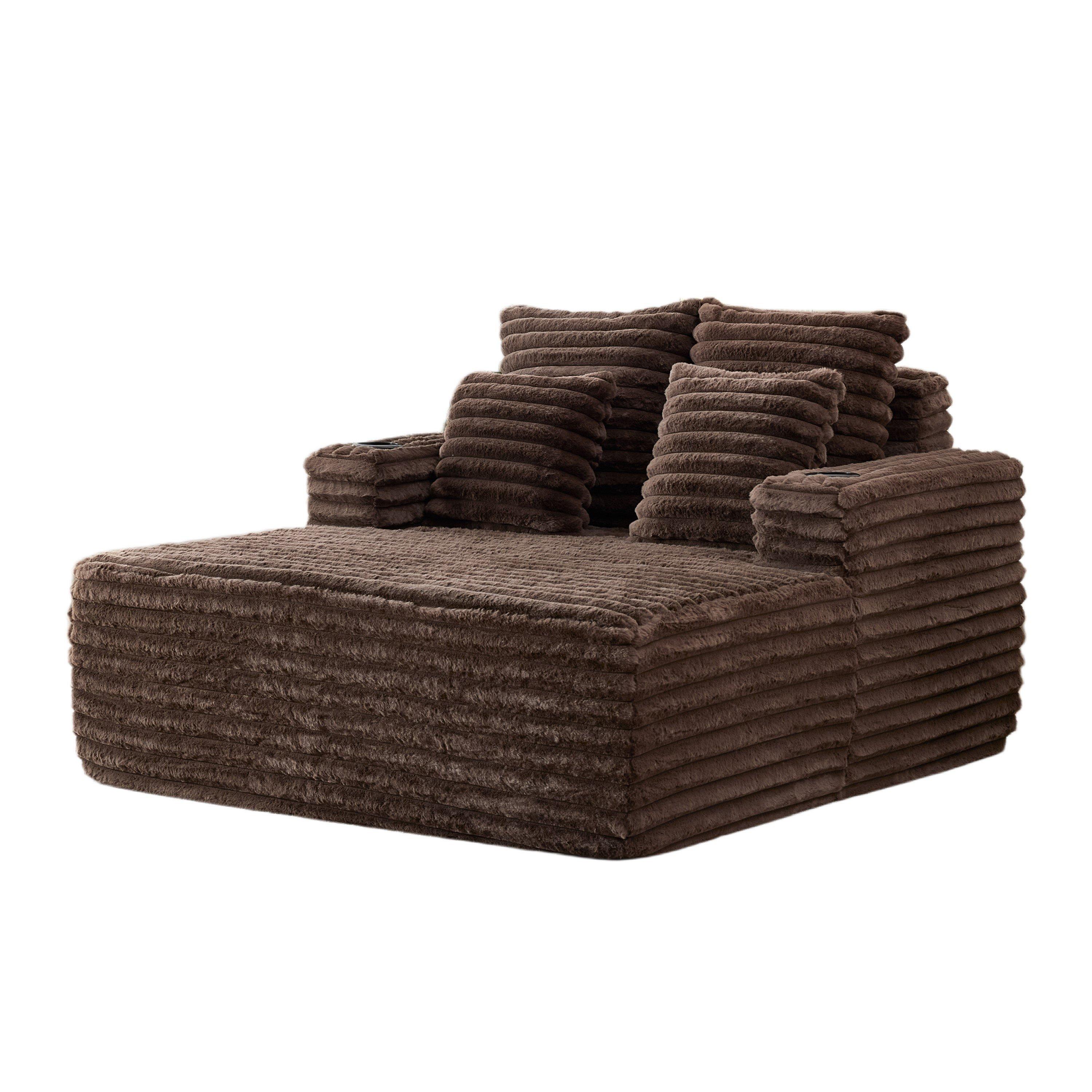 Brown - Urban Meuble - Faux Fur Convertible Sleeper Sofa Chaise Lounge - 9