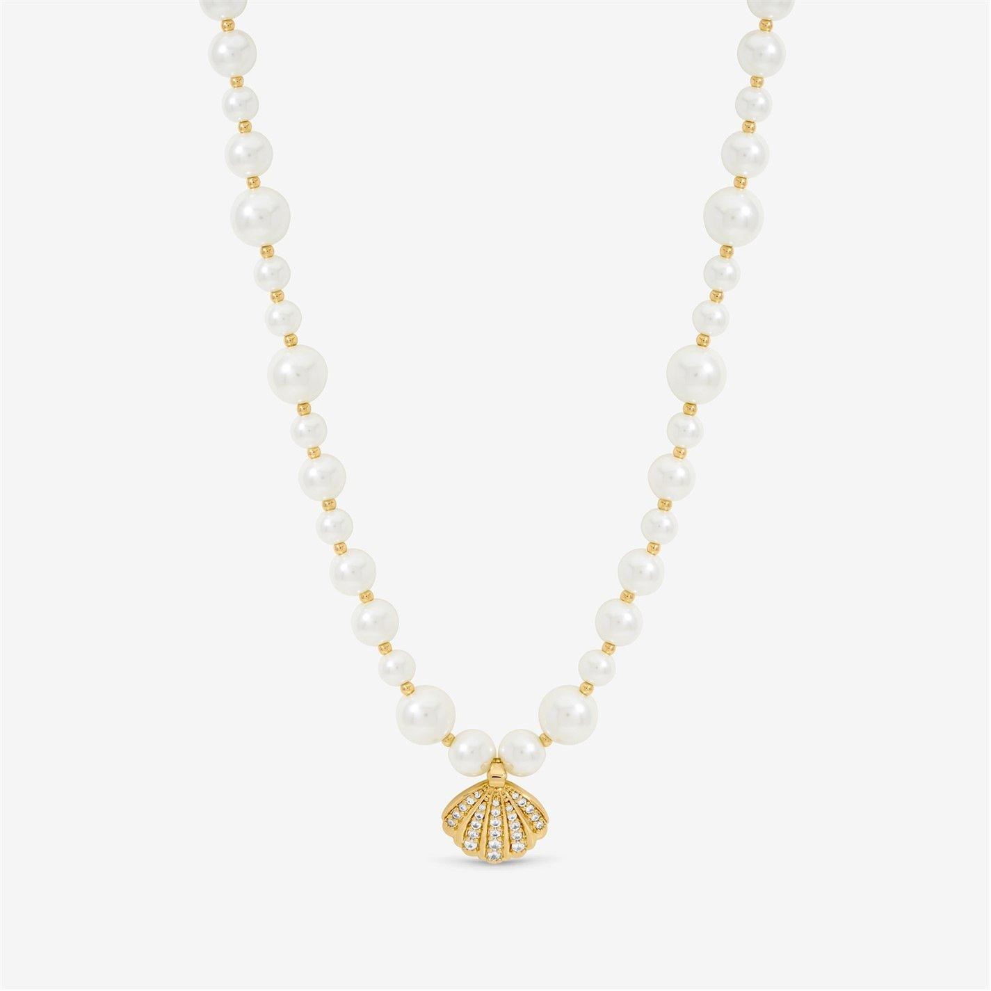 Inicio Women's Pearl And Crystal Shell Necklace - Gift Pouch - Gold