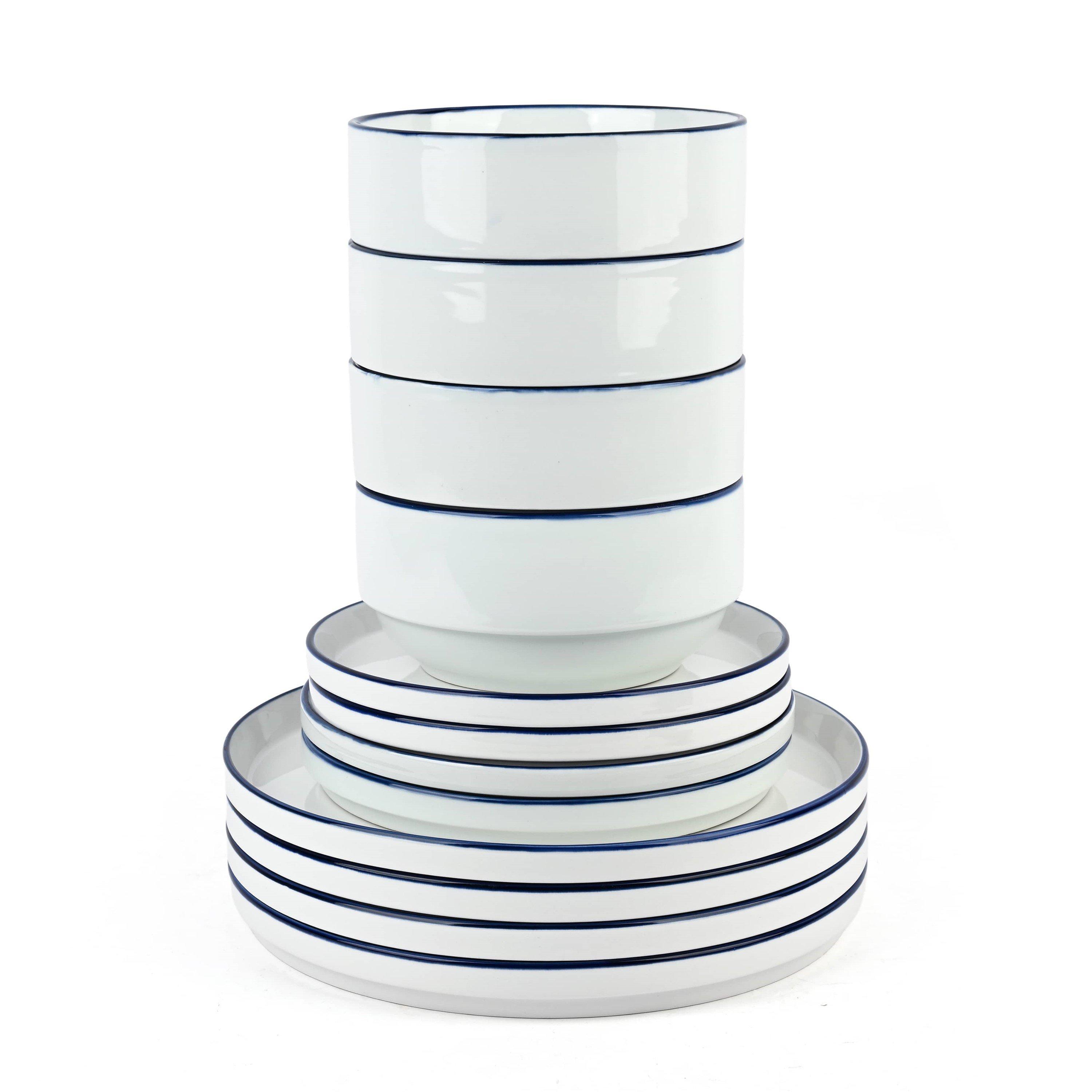White - Waterside - 12PC Blue Rim Stacking Dinner Set - 2