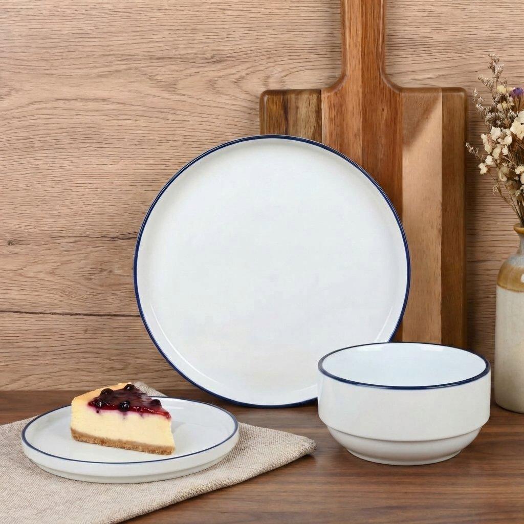 White - Waterside - 12PC Blue Rim Stacking Dinner Set - 3