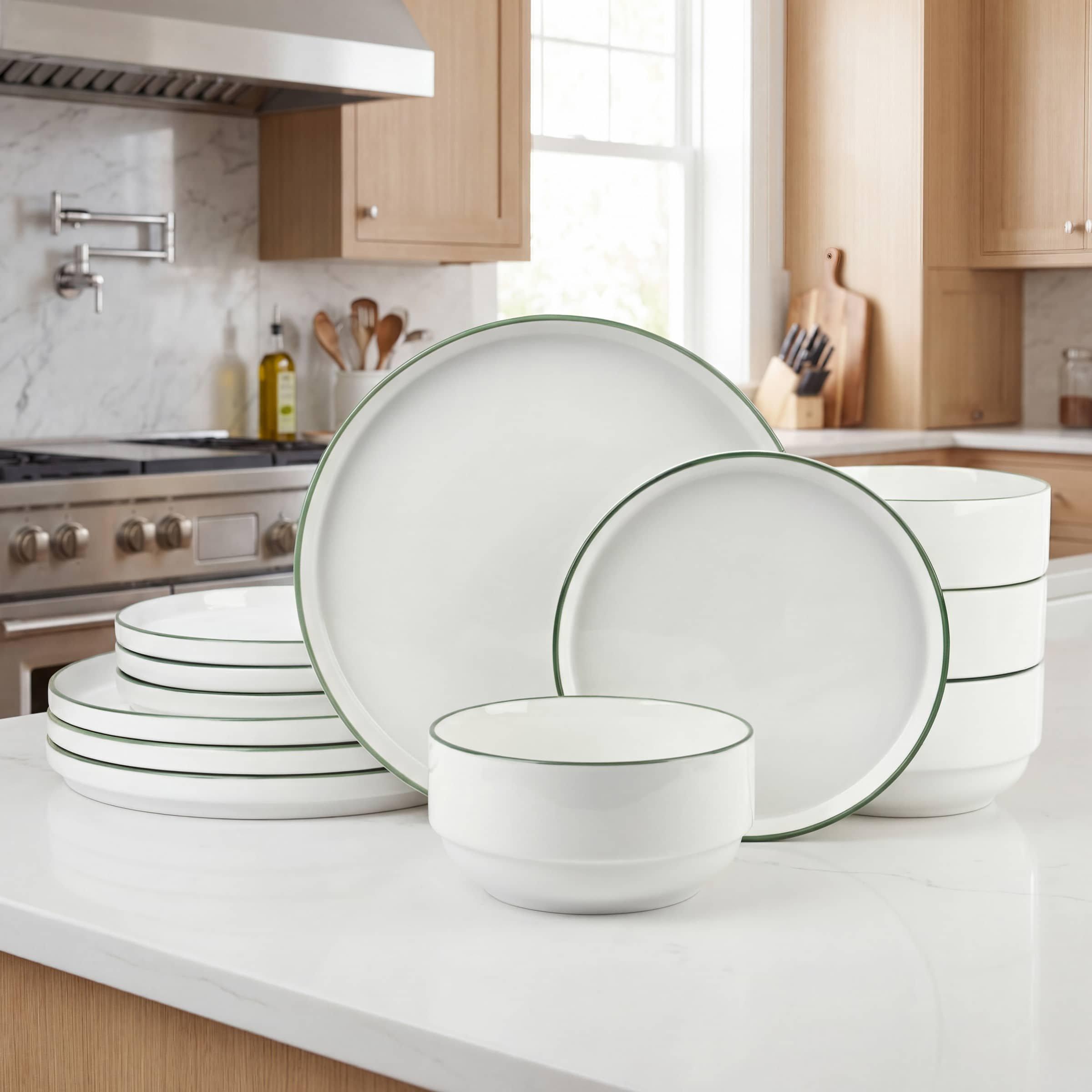 Waterside 12PC Sage Green Rim Stacking Dinner Set