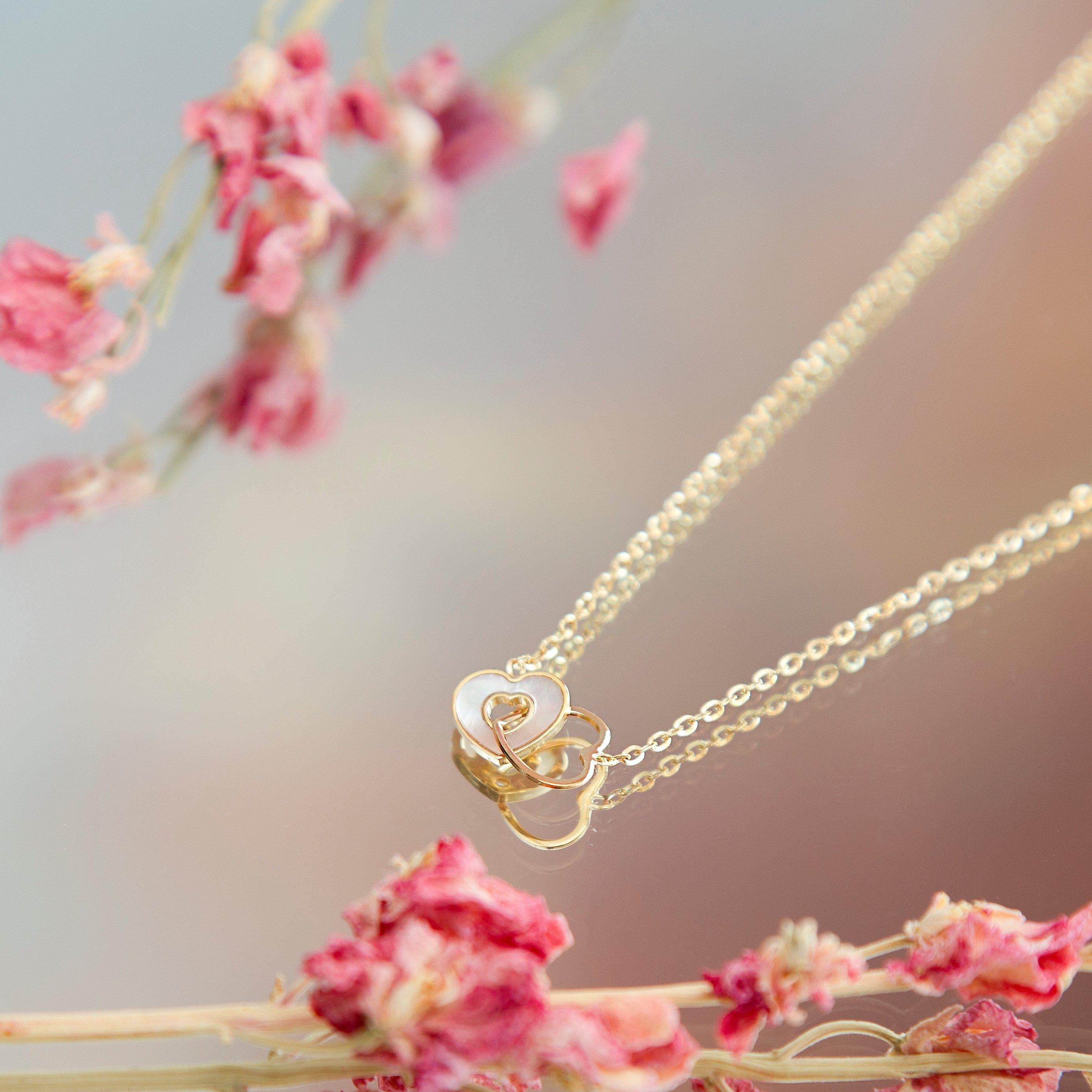 Yellow Gold - Be You - 9ct Gold Mother of Pearl Linked Hearts Necklace - 3