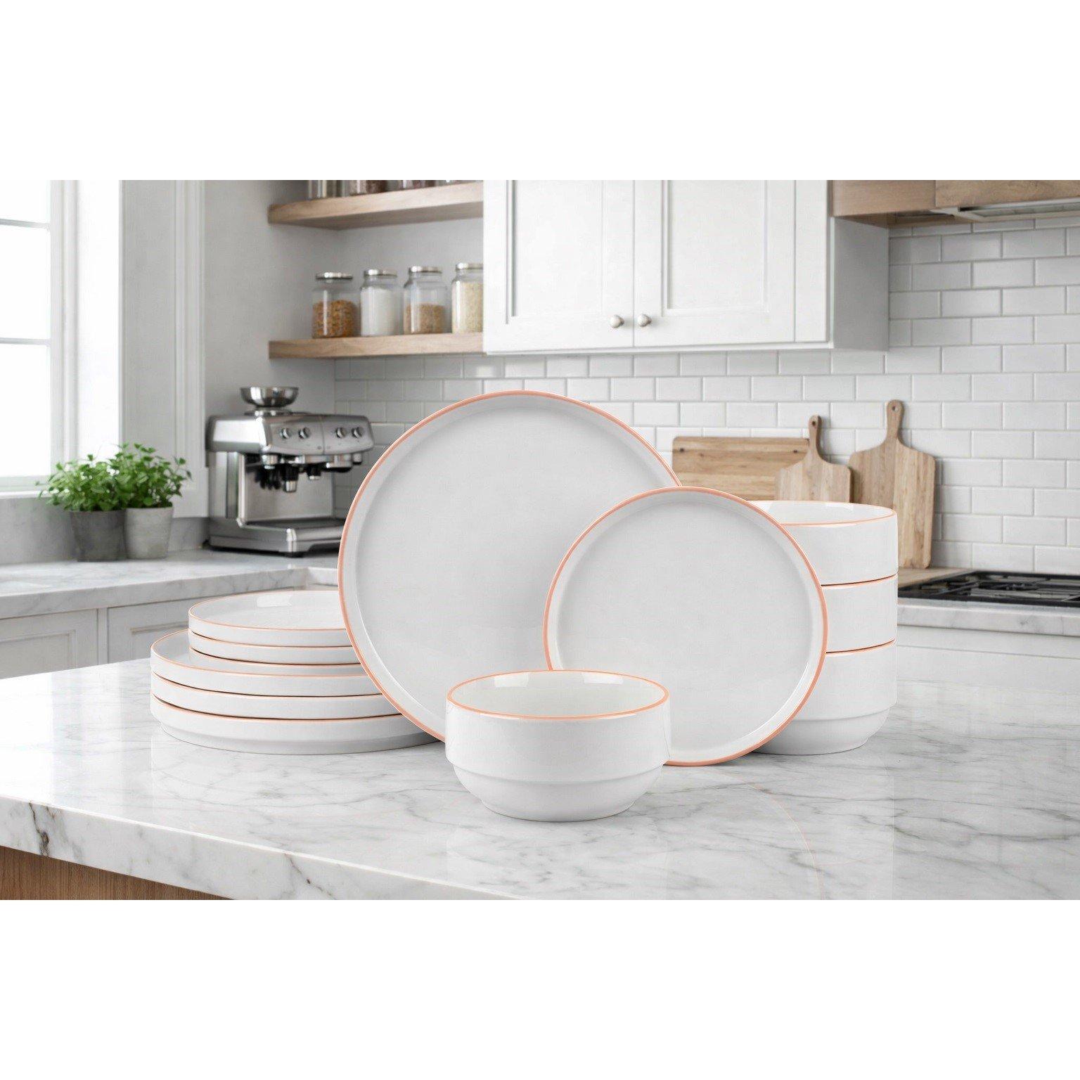 Waterside  12Pc Stacking Dinner Set Orange Rim
