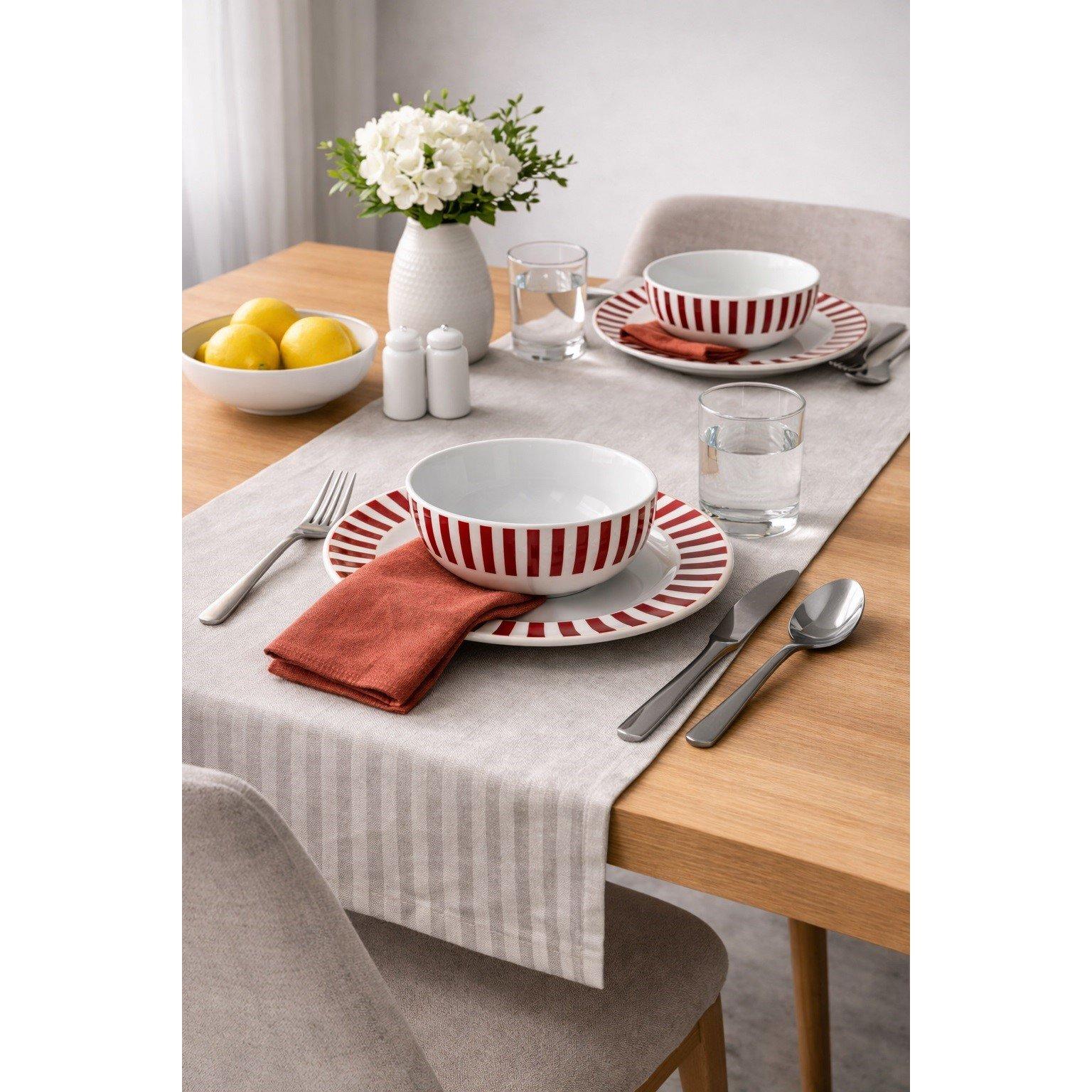Red & White - Waterside - 12PC Burgandy Red Stripe Dinner Set - 1