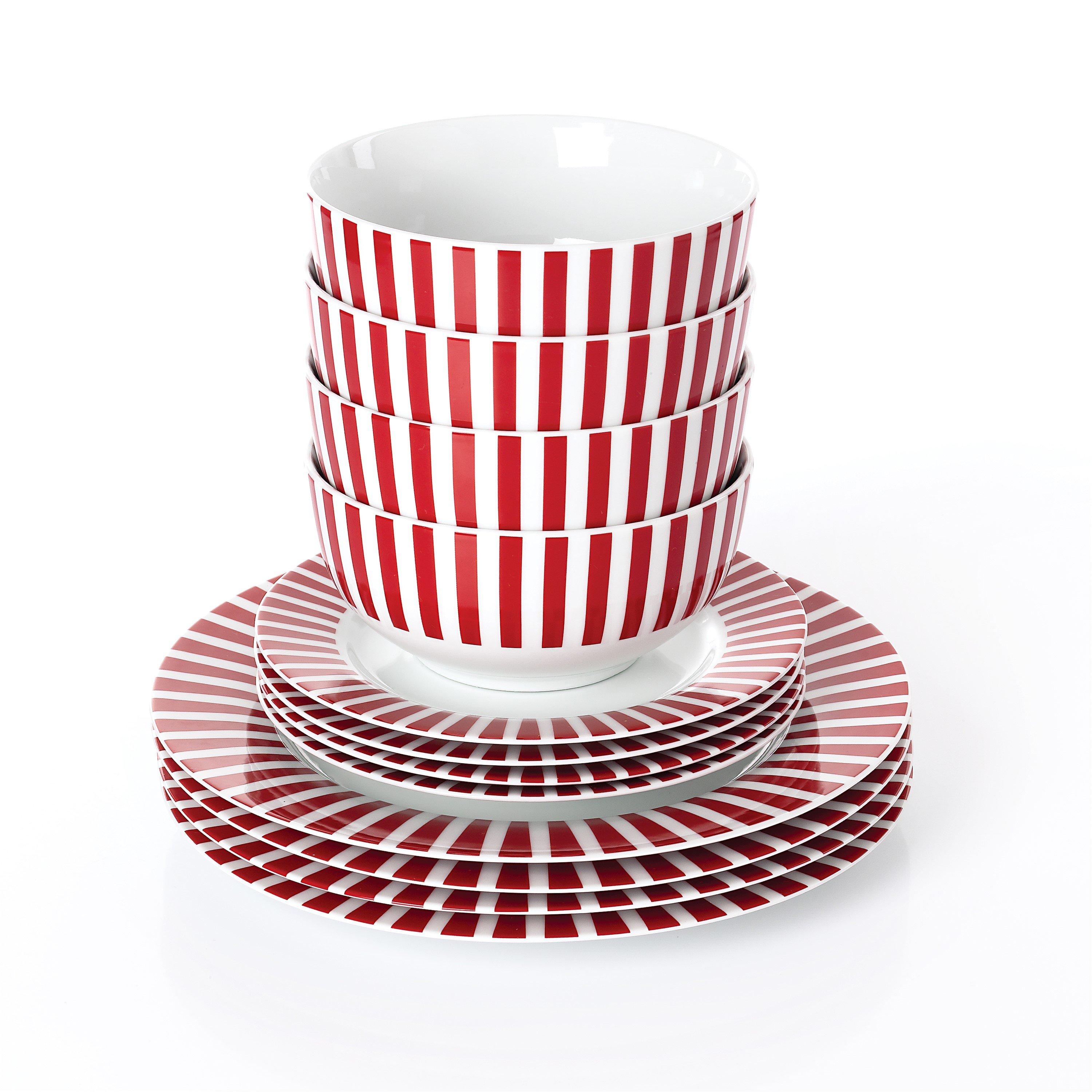 Red & White - Waterside - 12PC Burgandy Red Stripe Dinner Set - 2