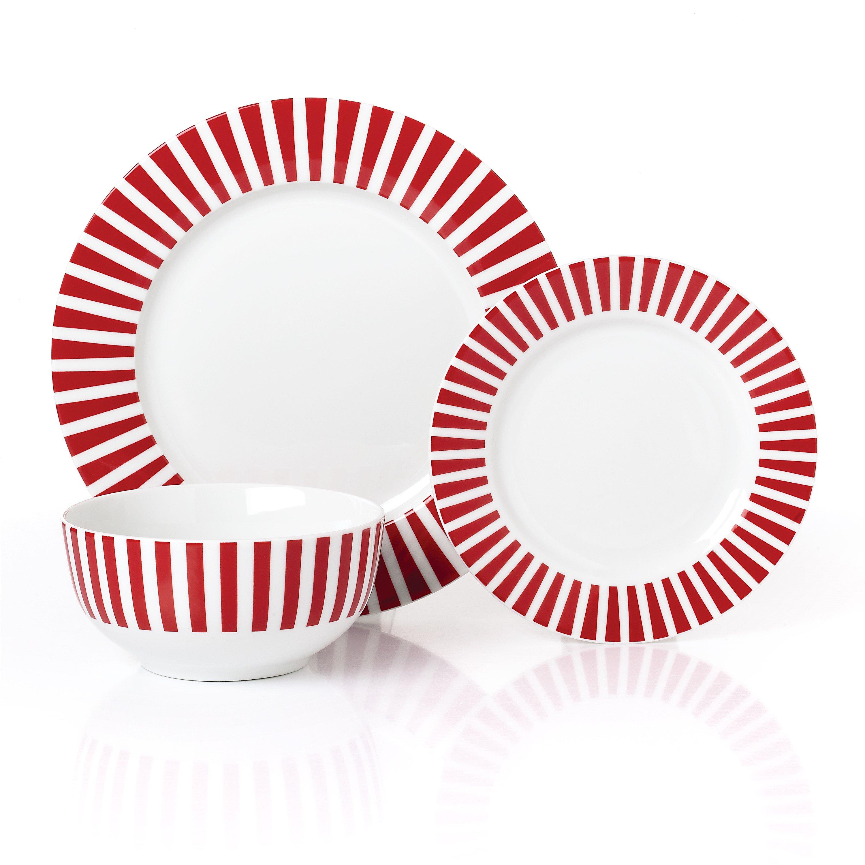 Red & White - Waterside - 12PC Burgandy Red Stripe Dinner Set - 3