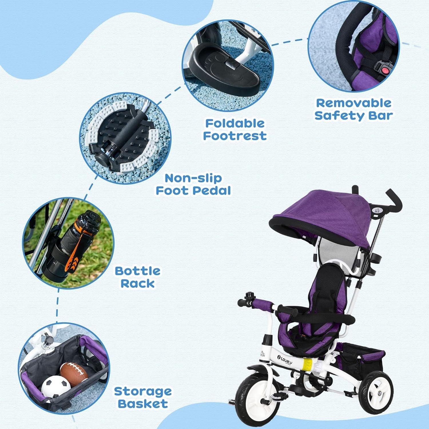 Purple - HOMCOM - HOMCOM 6 in 1 Kids Trike With Push Handle - 7