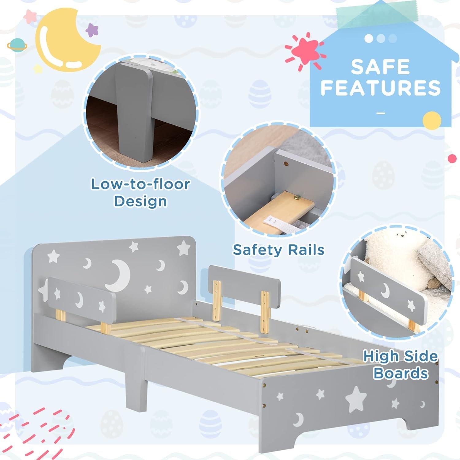 Grey - HOMCOM - Kids Toddler Bed with Star and Moon Patterns - 4