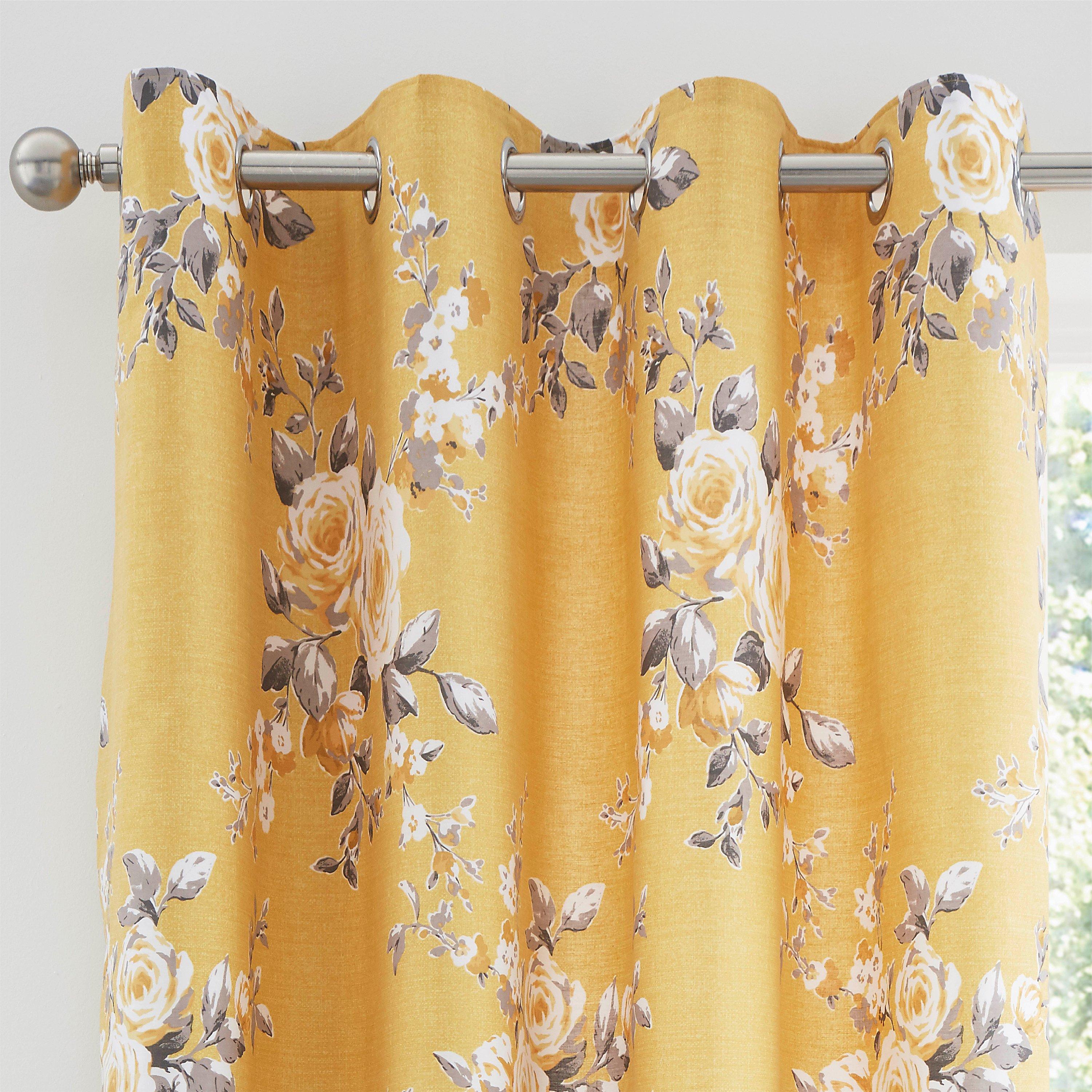 Ochre - Catherine Lansfield - Canterbury Floral Lined Curtains - 1
